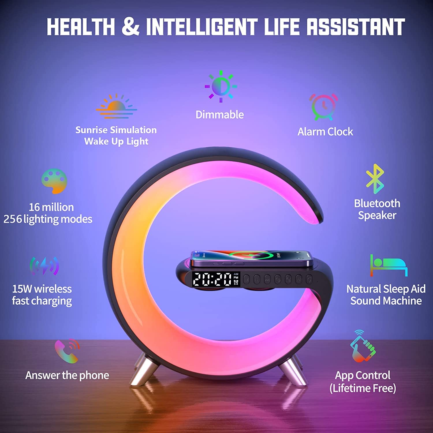 Deecozy Multi Functional Wireless Charger Atmosphere Lamp, Intelligent Bluetooth Speaker Led Table Lamp,256 Lights Mode Dimmable Night Light Bedside Lamp Alarm Clock With Music Sync App Control(Black)