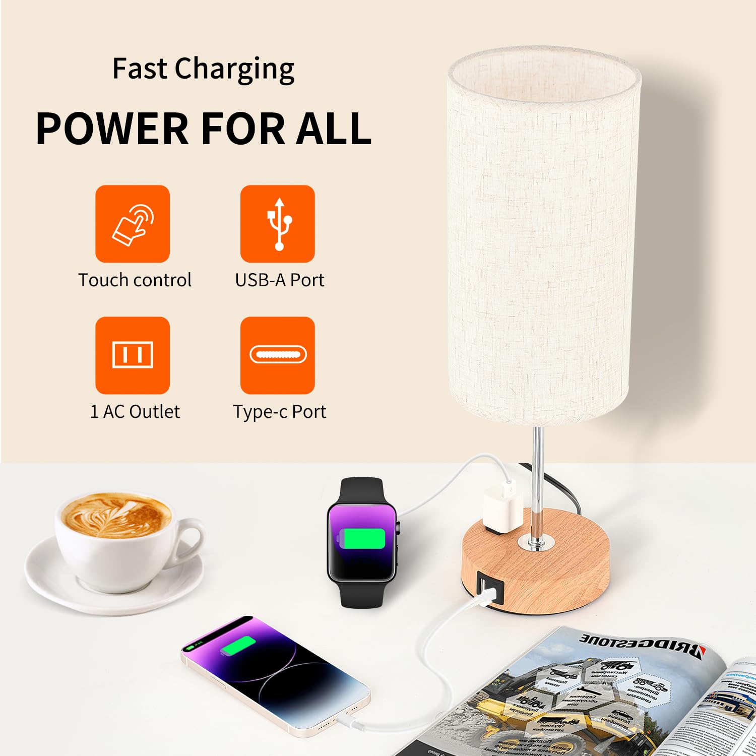Xiaobei Bedside Table Lamp With Usb C Port - Touch Control For Bedroom Wood 3 Way Dimmable Nightstand Lamp With Round Flaxen Fabric Shade For Living Room, Dorm, Home Office, Led Bulb Included