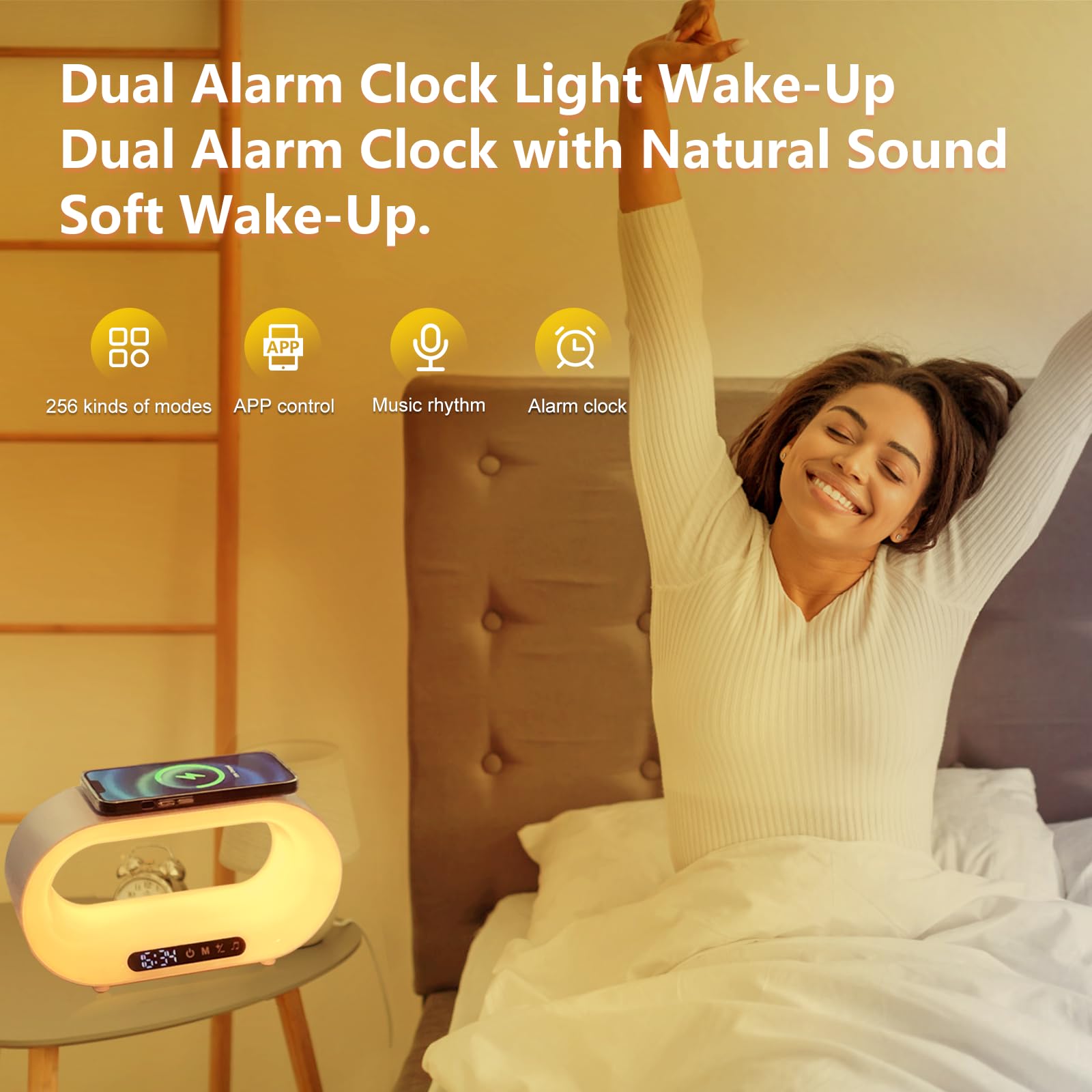 Kexu Touch Bedside Table Lamp For Bedroom Wake Up Night Light With 15W Wireless Charger Rgb Lamps For Night Stands With Alarm Clock Beside Lamps For Bedroom Living Room