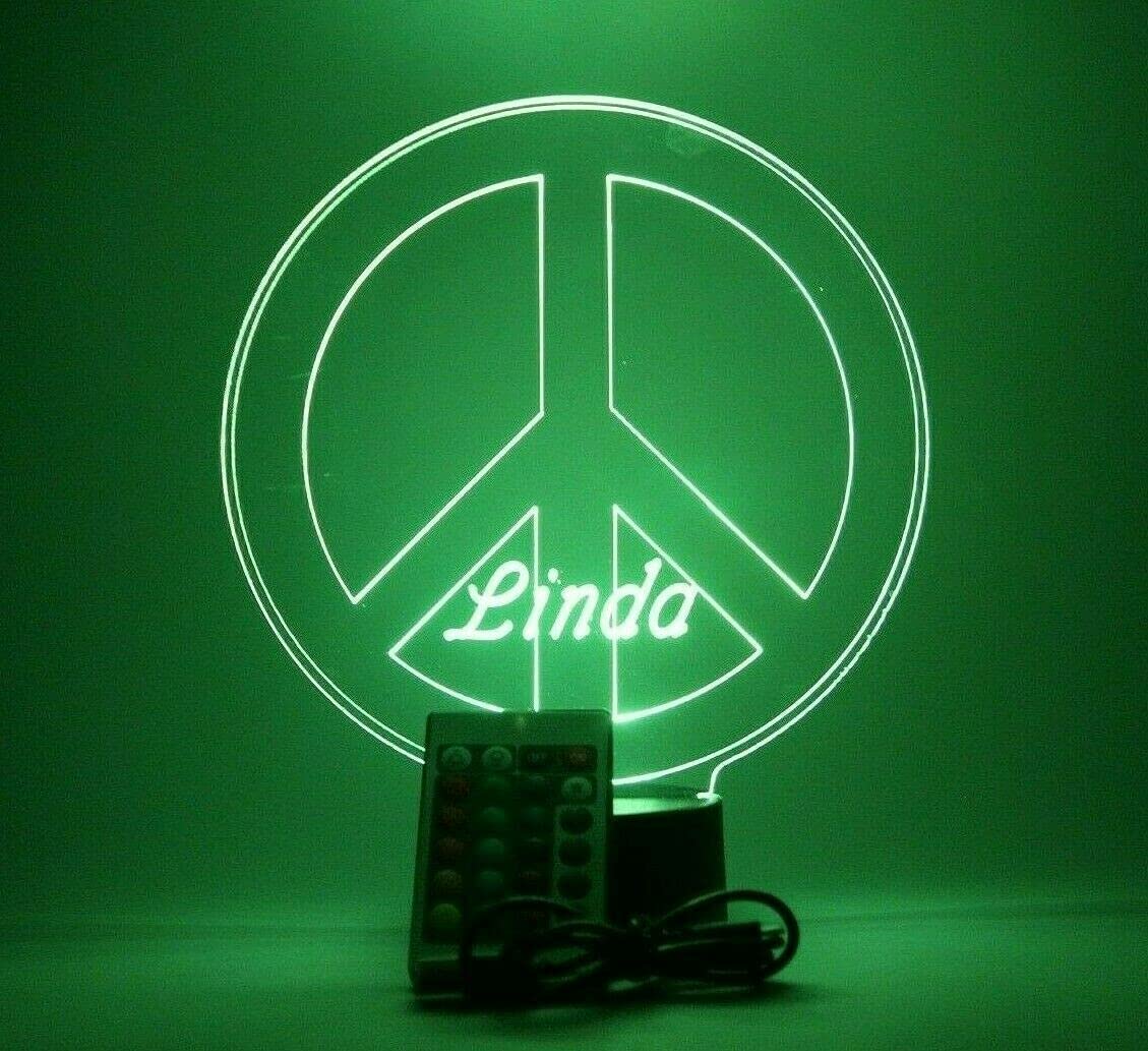 Mirror Mania Tranquility Serenity Harmony Peace Sign Light Up Table Desk Lamp Led Personalized Peace & Love Stand - It'S Wow, 16 Color Options With Remote, Dimmer, Engraved, Great