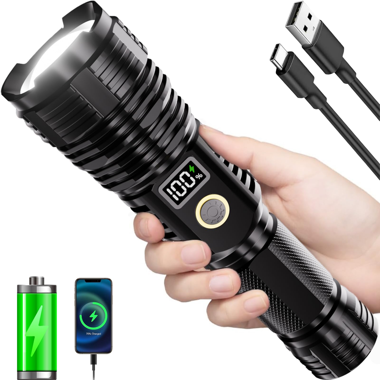 Childbot Flashlights High Lumens Rechargeable, 1000000Lm Led Super Bright Flash Light, Zoomable Linternas With Lcd Digital Display, 5 Mode, Waterproof, Powerful Tactical Flashlight For Emergencies Camping 
