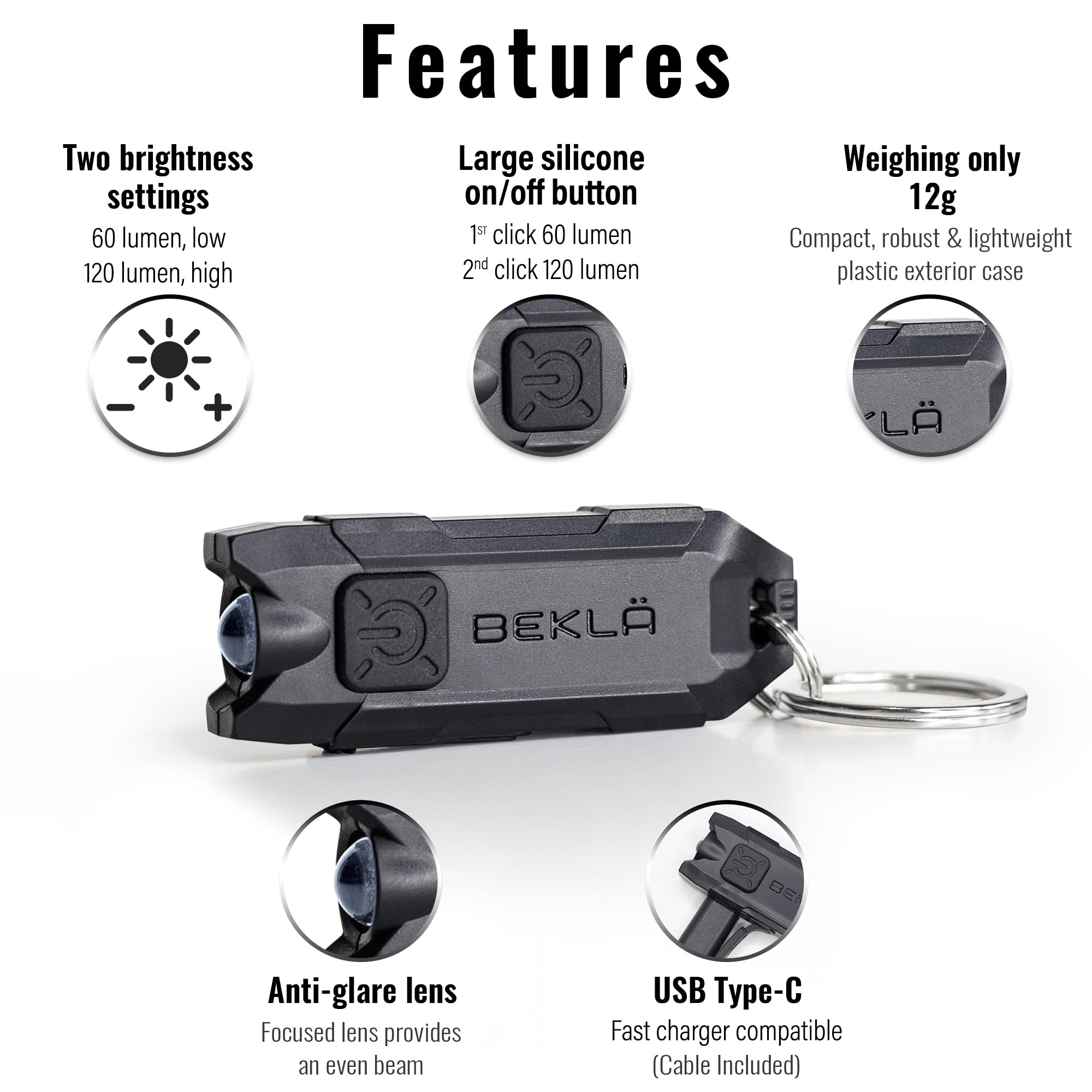Bekla Rechargeable Keychain Flashlight, 120 Lumen Mini Flashlight, Edc Keychain Light, Flashlight Keychain, Small Flashlights.