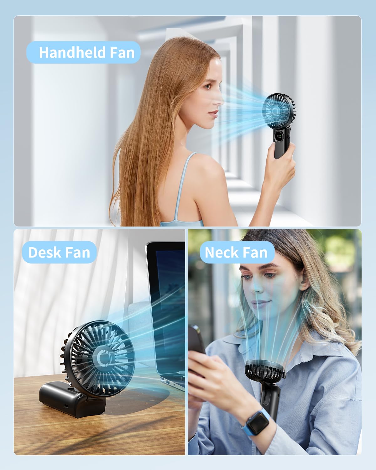 Foldable Portable Fan With Led Display, 3000Mah Battery Operated Mini Hand Held/Neck/Desk 3 In 1