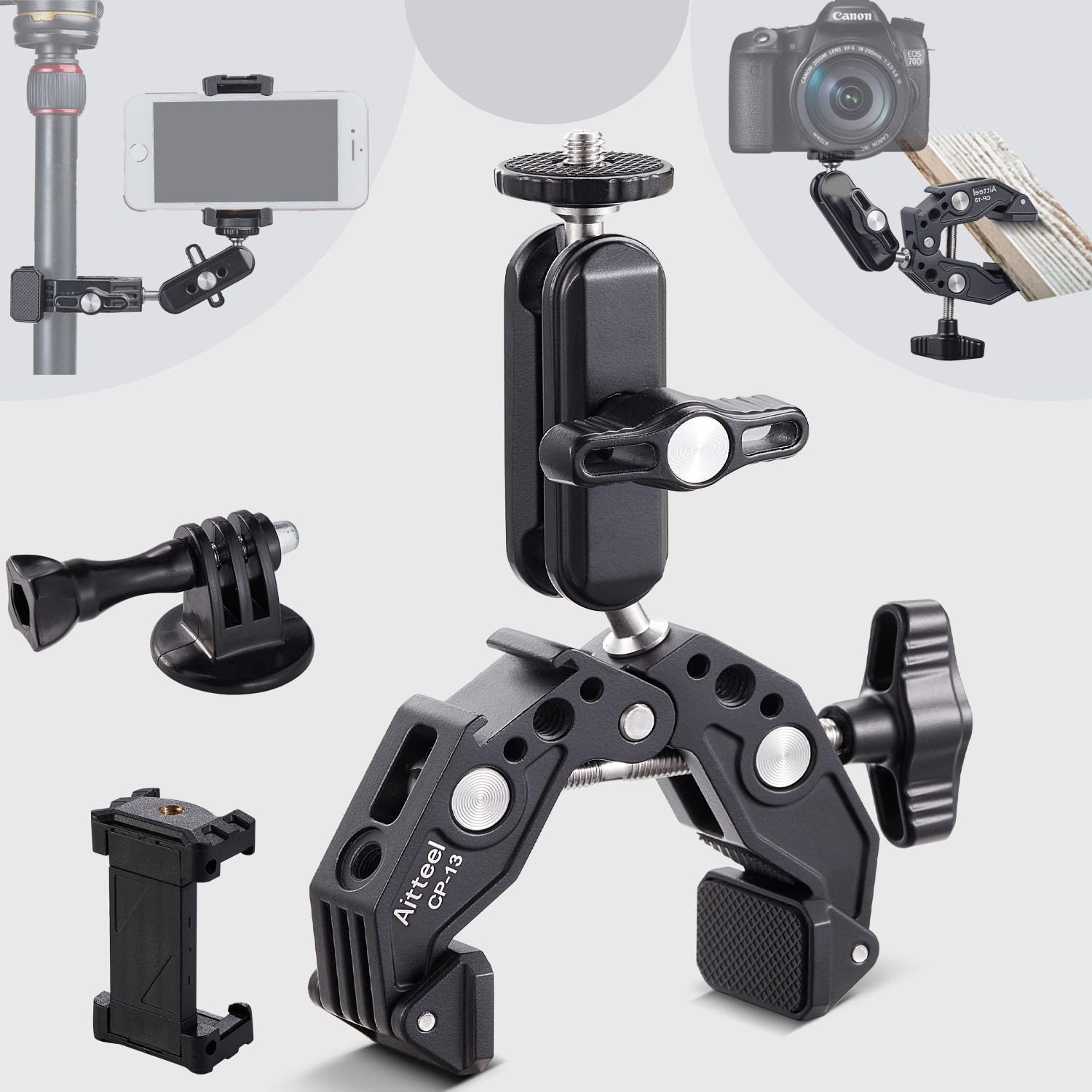 Aitteel Super Clamp Magic Arm, Dual Ball Head, Expandable Cold Shoe 1/4 3/8 Threaded For Desktop, Tripod, Outdoor, Railing, For Cameras, Sports Cameras, Dslrs, Cell Phones, Gopro, Microphones Monitors, Leds