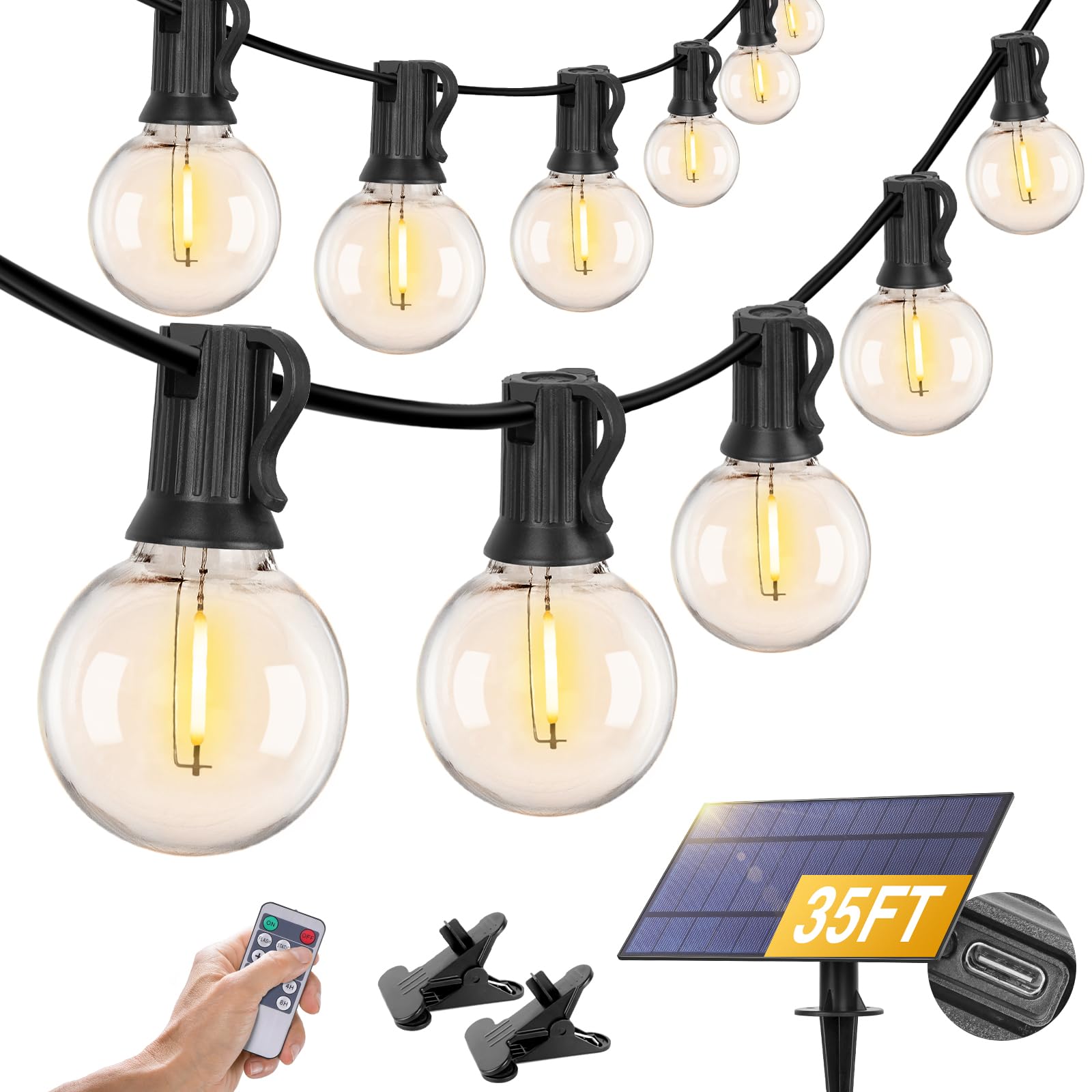Zjojo Solar Outdoor String Lights 35Ft G40 Globe Patio Lights Outdoor String Lights Solar Powered With 15 Edison Glass Bulbs 2700K Shatterproof Hanging Lights For Porch Garden Backyard Pergola Bistro