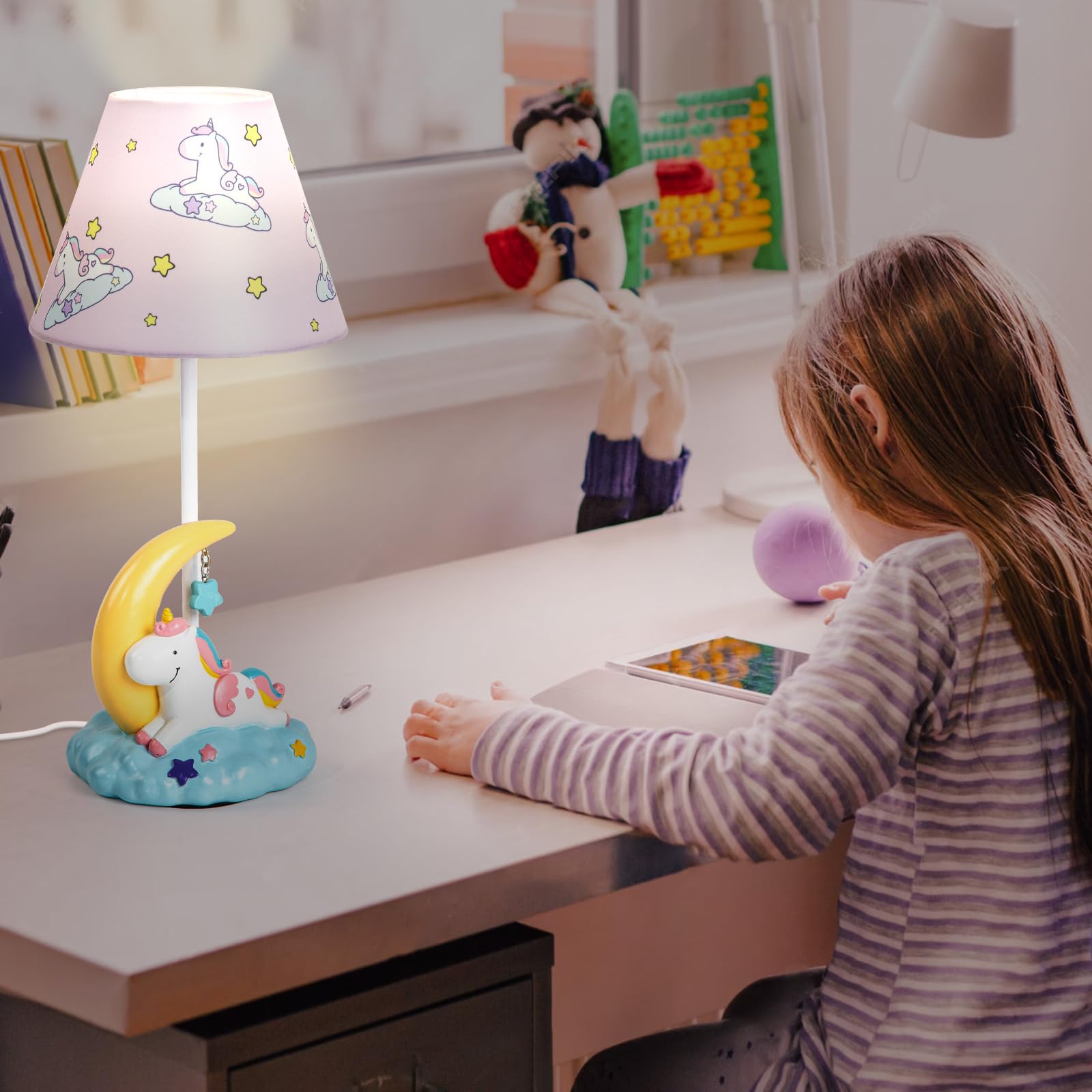Herbestbay Kids Table Lamp, Adorable Moon Unicorn Style Desk Lamp, 16 Inch Pink Bedside Lamp Ideal For Girls Bedroom Decor, Includes Led Bulb