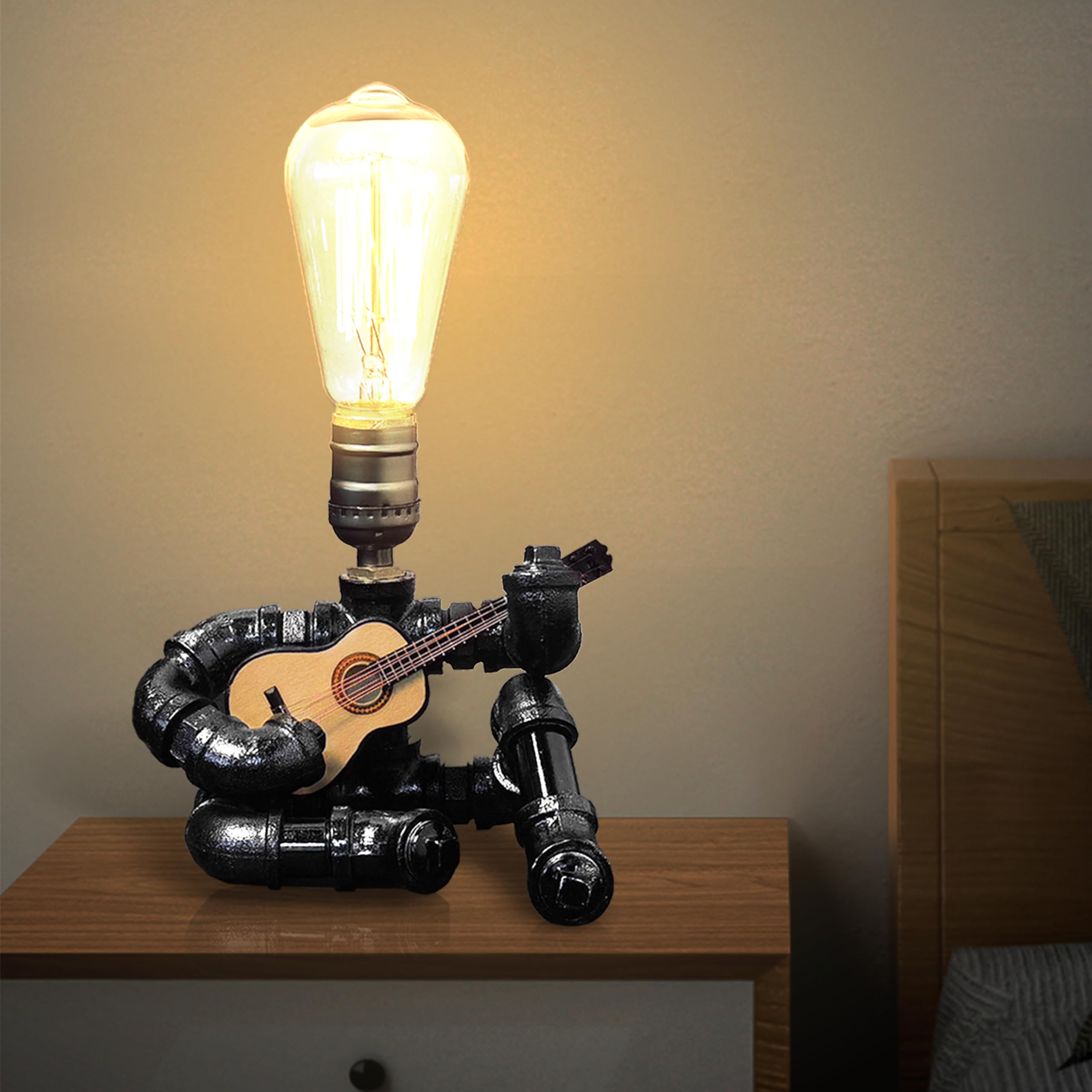 Chxtx Music Guitar Table Lamp - Cool For Men & Music Lovers - Edison Bulb Steampunk Pipe Lamps - Microphone Players Art Decor (Wood)