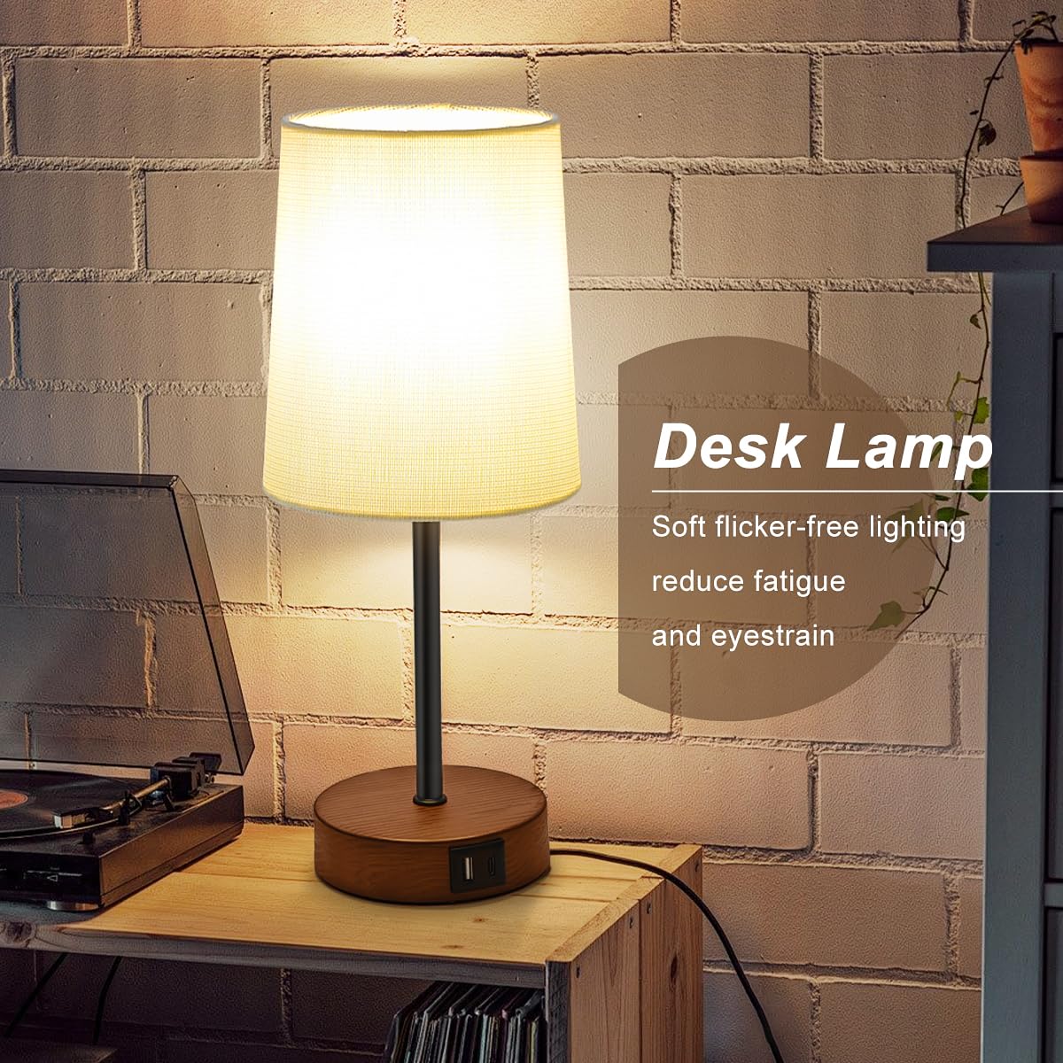 Luxebeam Modern Usb & Type-C Bedside Lamp With Touch Control, Dimmable Table Lamp With White Fabric Shade Enhanced With Gold Threads, Includes Led Bulb - Ideal For Bedroom, Office, Dorm