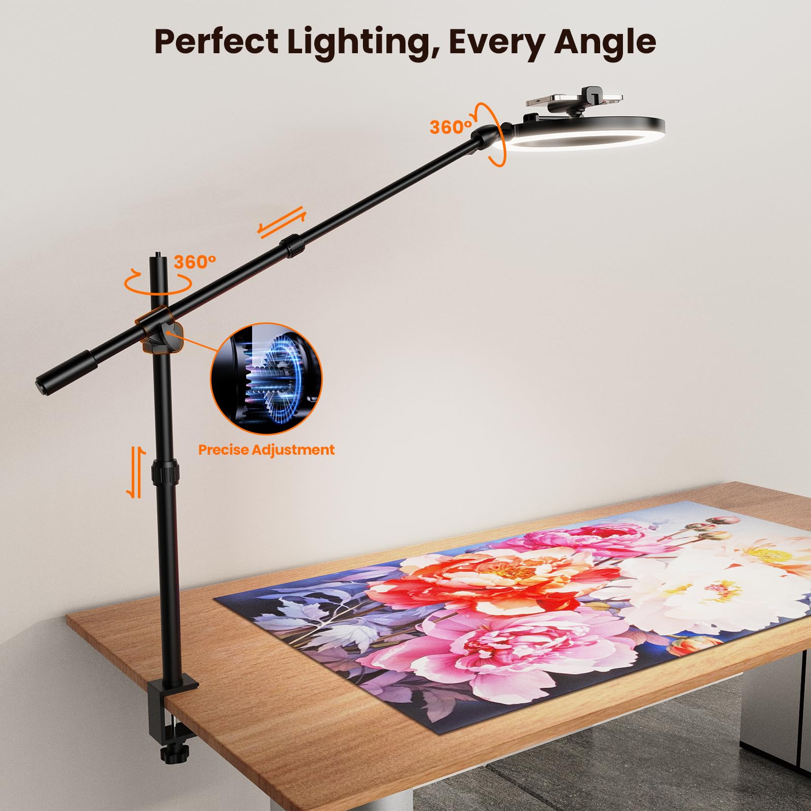 Luxsure Ring Light Overhead Camera Phone Mount For Desk Tripod - 10" Ring Light With Stand For Iphone - Sturdy Selfie Ringlight With Clamp For Artist,Drawing,Video Recording,Live Streaming,Content Creation
