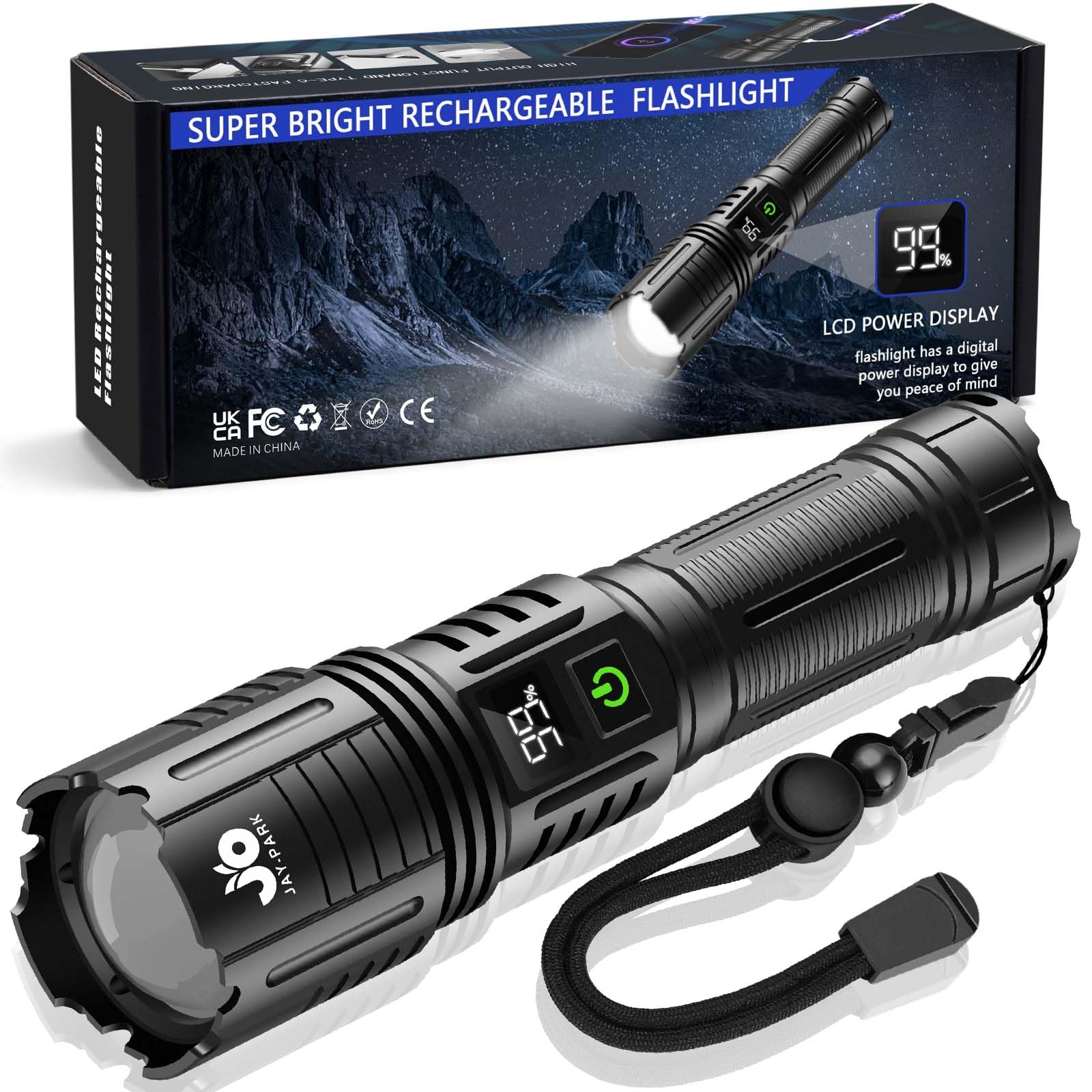 Jay-Park Rechargeable Flashlights 1000000 Lumen, Led Flashlight With Digital Power Display And Zoomable, Flashlights High Lumen Super Bright Long Distance For Camping, Bushcraft, Outdoor