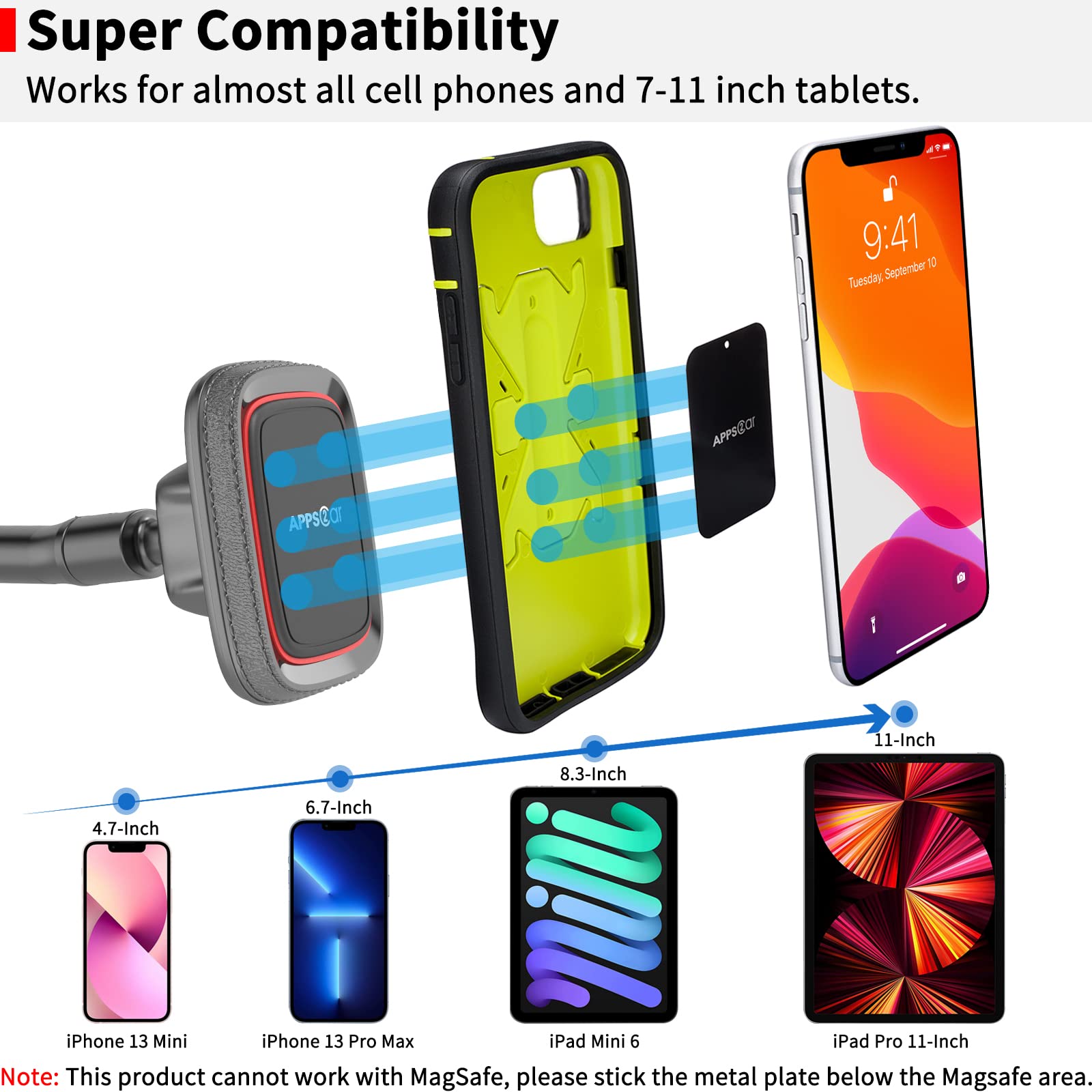 Apps2Car Magnetic Car Phone Holder Mount [Flexible Long Arm] Anti-Shake Windshield Phone Mount [6 Strong Magnets] Cell Phone Holder For Car [Case Friendly] Compatible With Iphone Smartphones Tablets