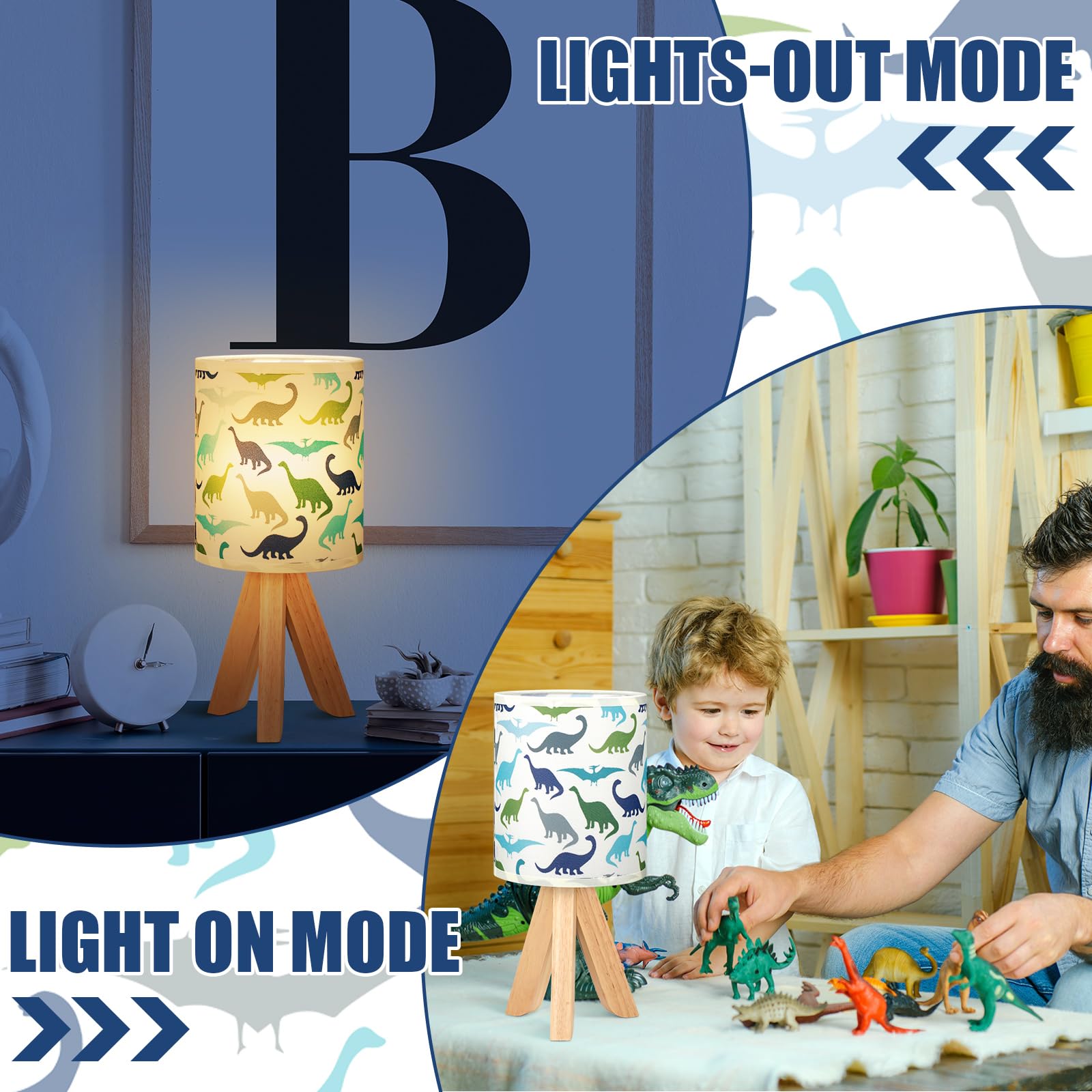 Vihose Kids Table Lamp For Bedroom Kids Bedside Lamp With Linen Wooden Nightstand Lamp Cartoon Nursery Lamp Lampshade For Girls Boys Living Room (Dinosaur)