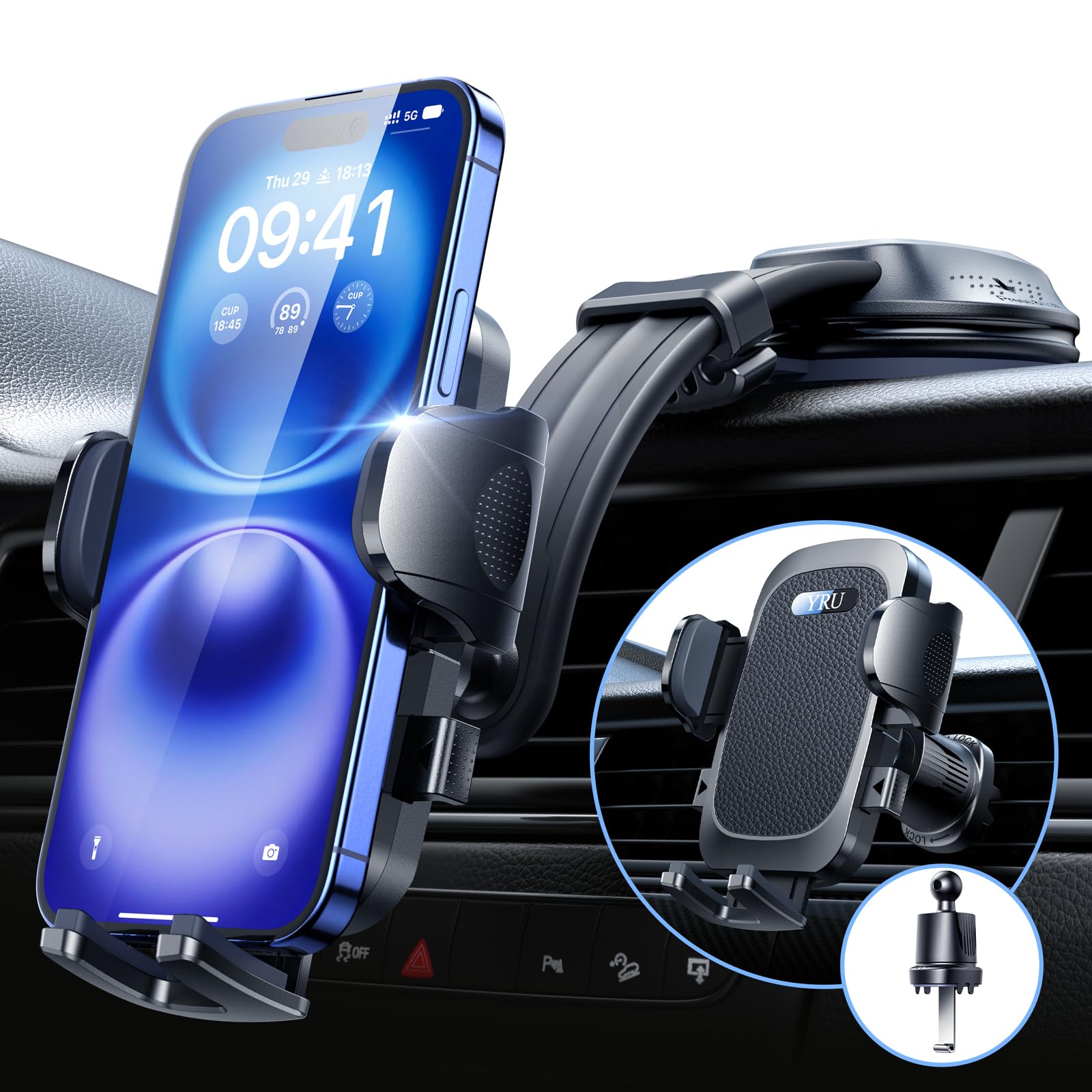 Yru  Best【Rotate 90+Lbs Safest Strongest Suction】 Ultimate Car Phone Holder Mount【Military-Grade & All Patent Safety Certs】 Dashboard Windshield For Iphone 16 15 Pro Max 14 13 Samsung, Black
