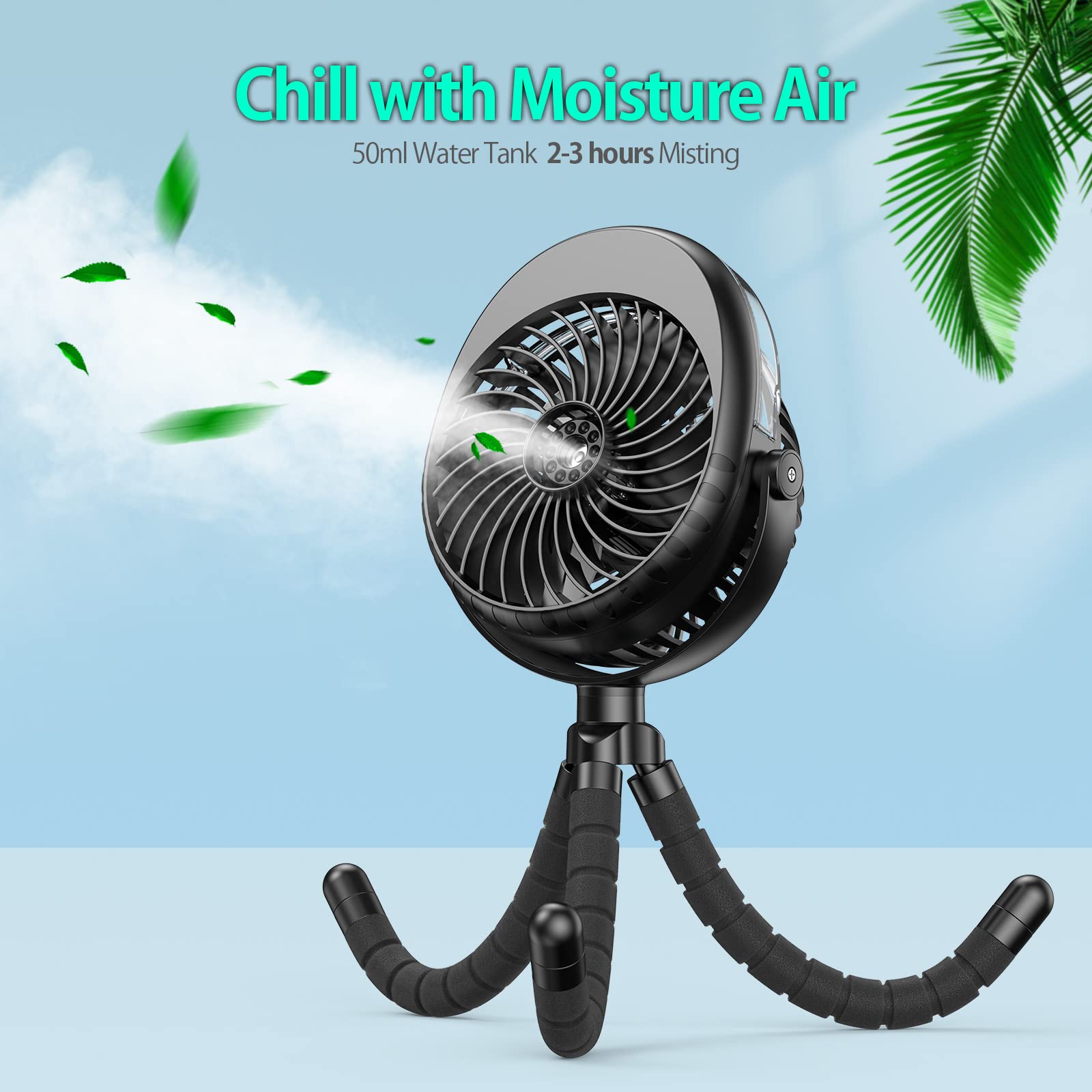 Portable Stroller Fan With Mist, Rechargeable Misting Fan With Flexible Tripods, 360° Pivot Personal
