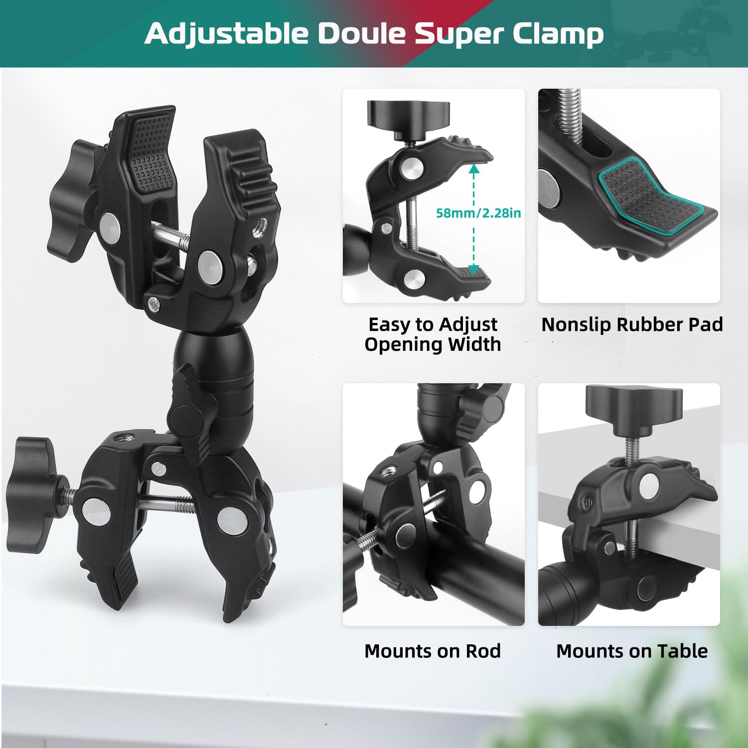 Jebutu Super Clamp Double Camera Clamp, Super Clamp Camera Clamp Mount 360°Rotation Ball Head, Crab Plier Clip Bracket With Ballhead For Umbrella, Tripod, Light Stand, Photography Reflector