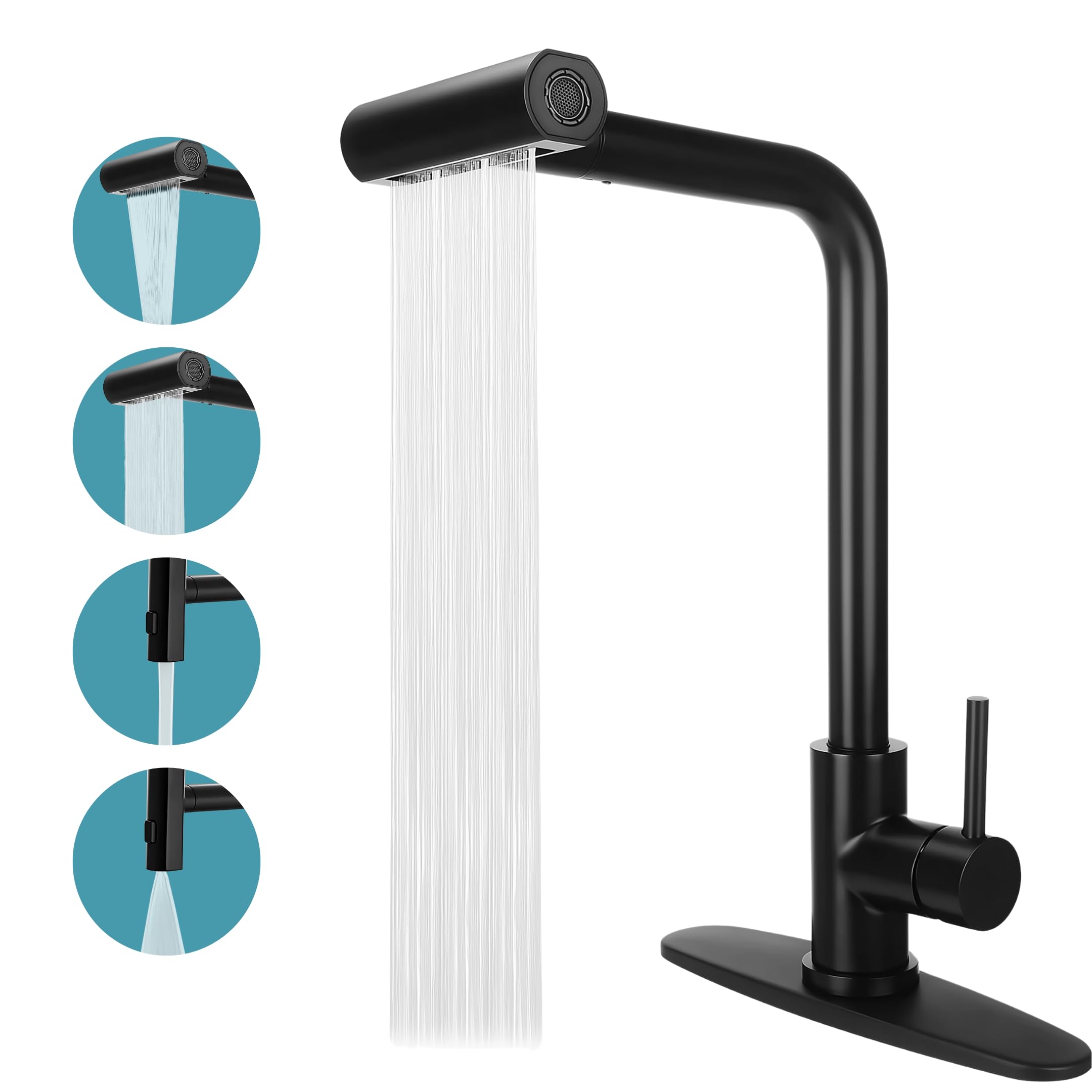 Aquatica Waterfall Faucet For Kitchen Sink – Matte Black, Pull Down Sprayer With 4 Spray Modes, Stainless Steel Single Handle, High Arc 360° Swivel – Modern Kitchen Faucet For Home & Commercial Use