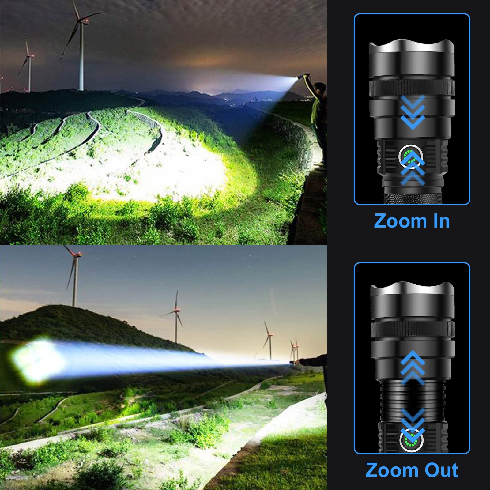 Bengmxj Rechargeable Flashlight High Lumens, 900000 Lumens Tactical Flashlights, Super Bright Led Flashlight With Zoomable, 5 Modes, Waterproof Flashlights For Camping, Hiking, Emergencies, Home