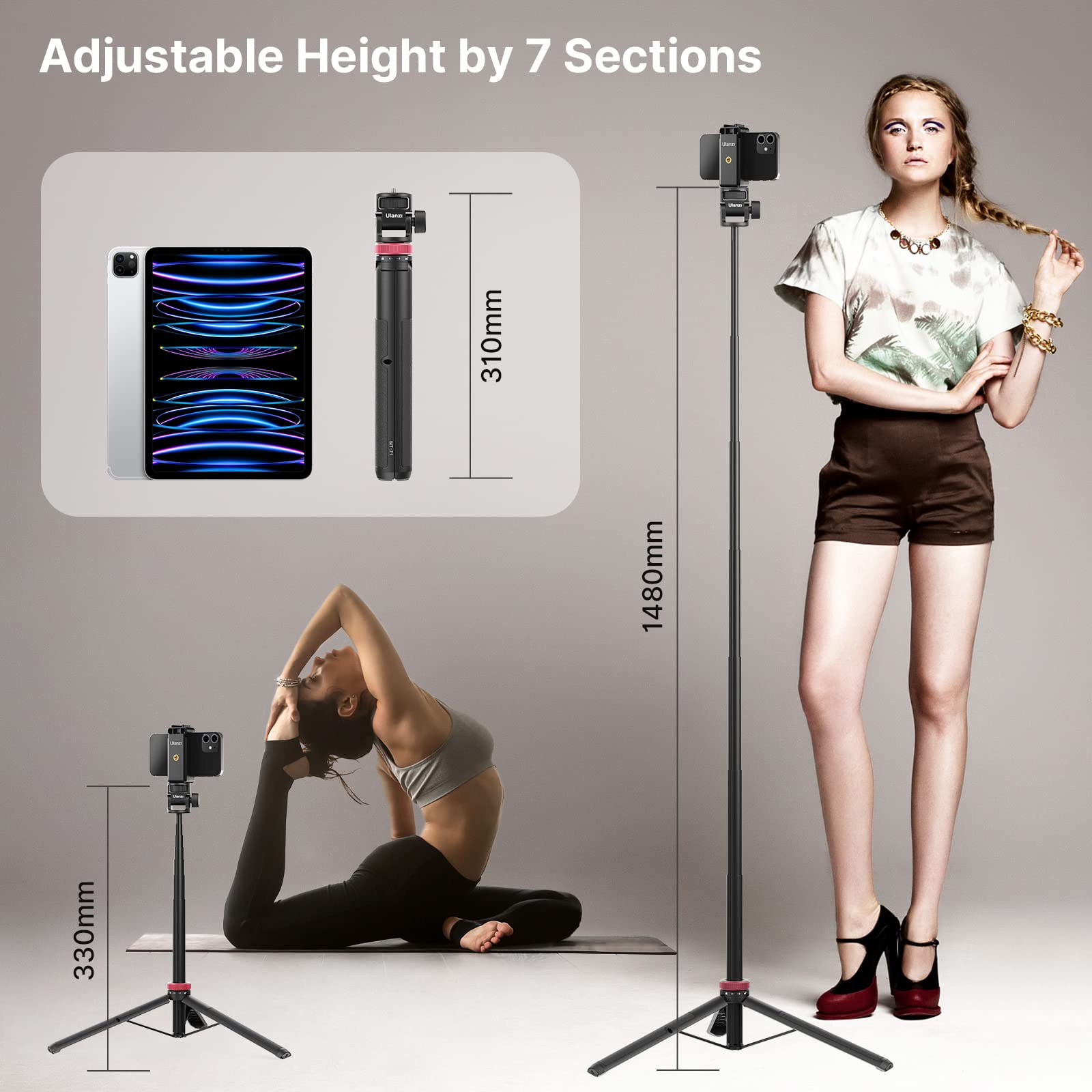 Uurig 57.48 Inch Extendable Selfie Stick Phone Tripod For Action Camera W Smartphone Clamp Extension Pole, For Gopro For Sony Canon Vlogging Cams For Iphone 14 13 Pro Max Ulanzi Mt-71
