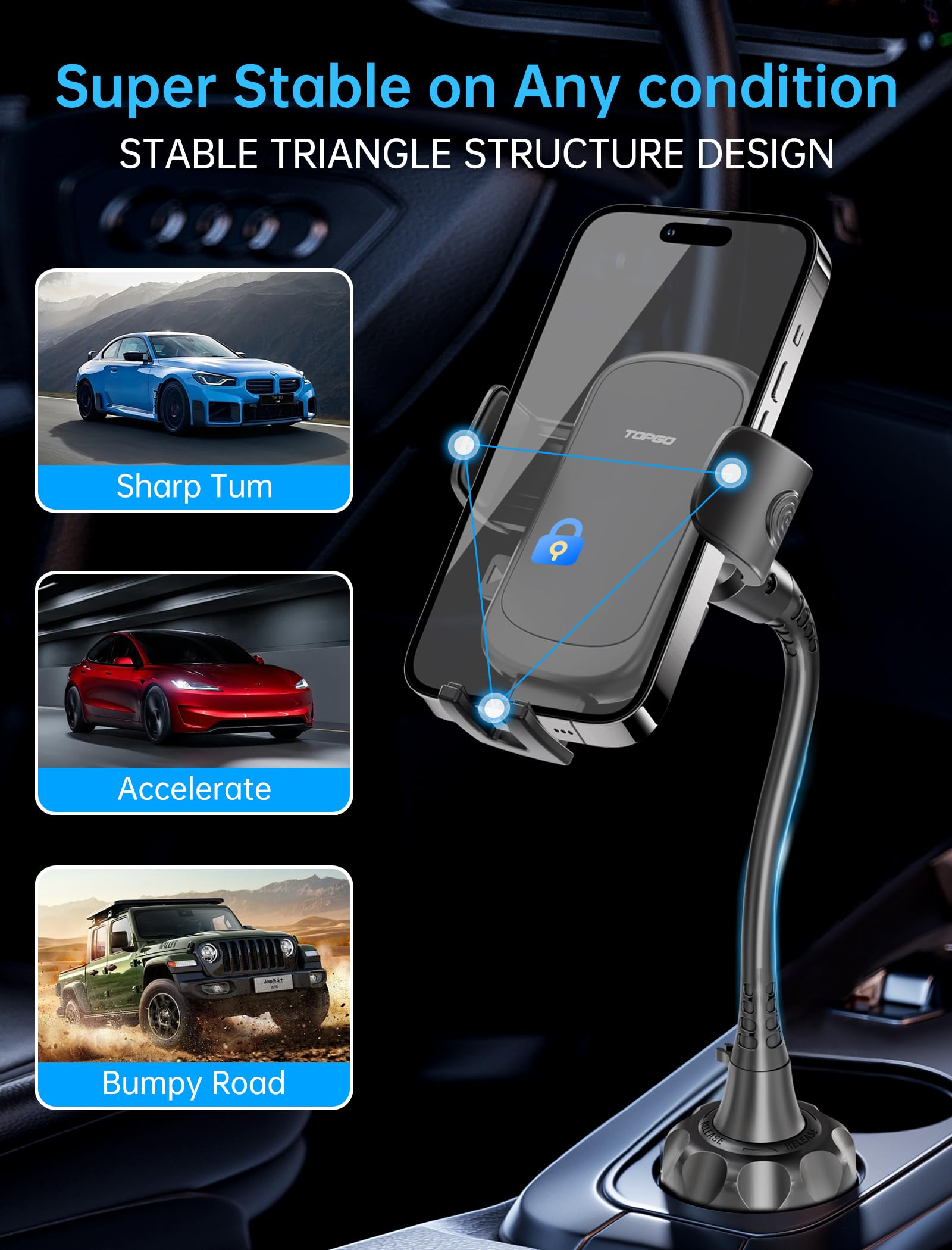 Topgo Cup Phone Holder For Car [ Adjustable Gooseneck & Firmly Stable] Car Phone Mount Cell Phone Automobile Cradles For Iphone 16 And All 4-7 Inches Smartphone(Black)