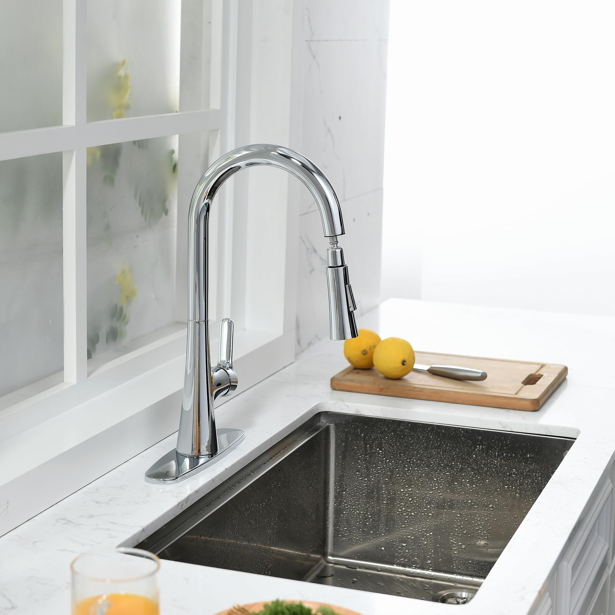 Fropo Kitchen Faucet With Pull Down Sprayer, Polished Chrome Kitchen Sink Faucet 1 Or 3 Hole, High Arc Single Handle Spot Resist Stainless Steel Kitchen Faucets For Farmhouse Camper Laundry Rv Bar
