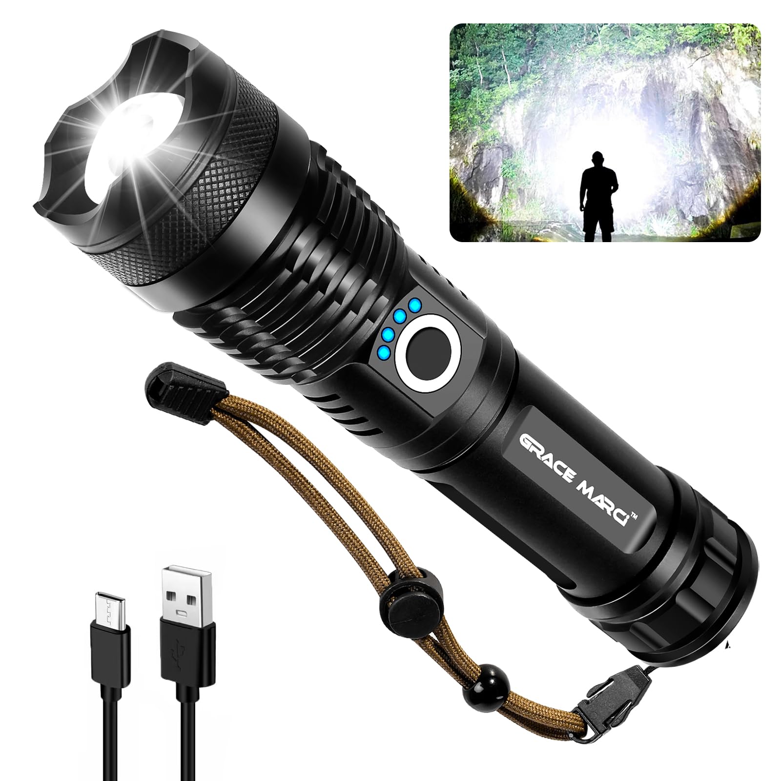 Grace Marci Rechargeable Flashlights, High Lumen Super Bright 150000 Lumens, Led Flashlight With 5 Modes, Ip55 Waterproof, Powerful Handheld Light For Camping, Hiking, Emergency