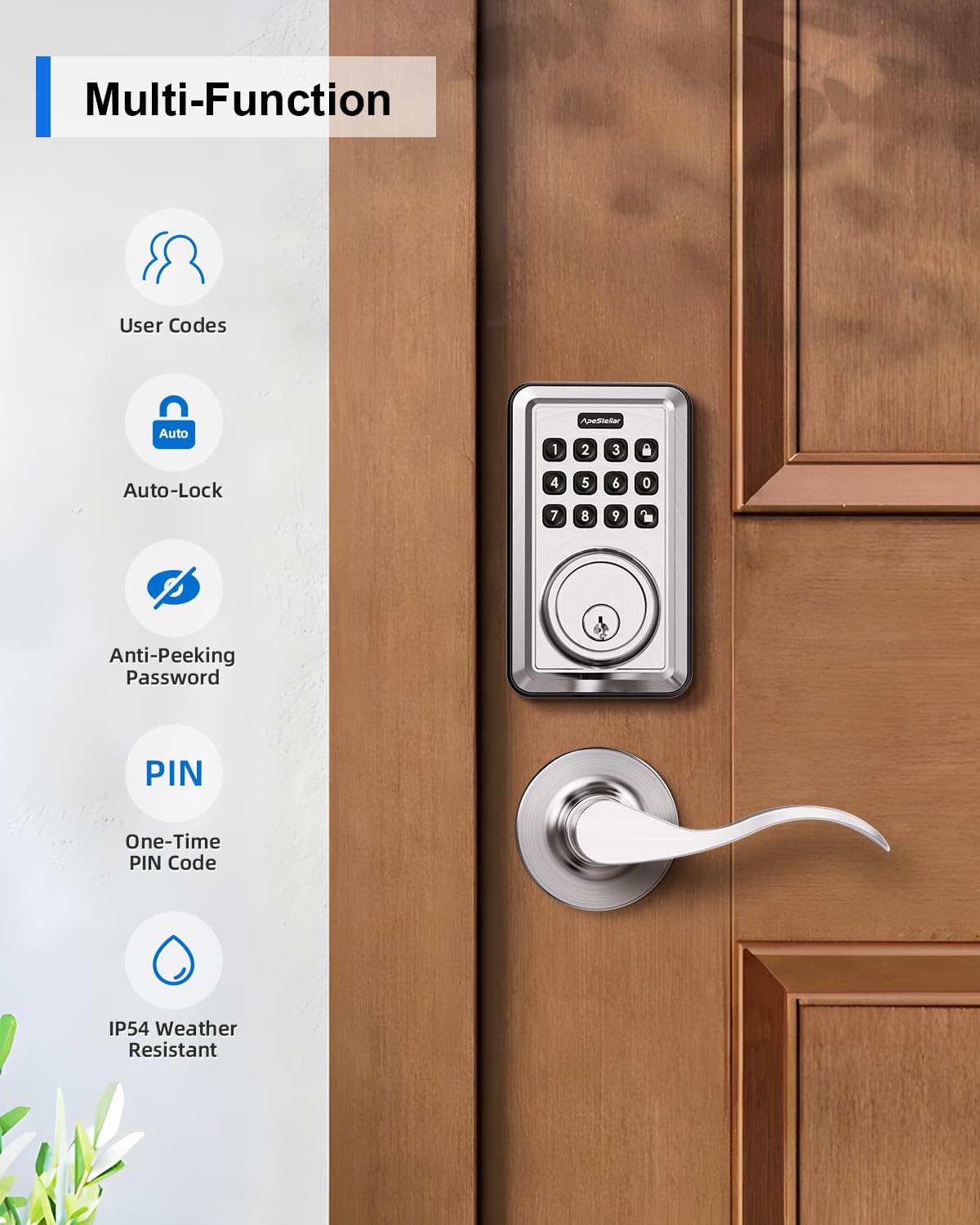 Apestellar Keyless Entry Door Lock With 2 Lever Handles - Electronic Keypad Deadbolt - Front Door Lock Handle Sets - Auto Lock,Anti-Peeking Password, Easy Installation - Satin Nickel