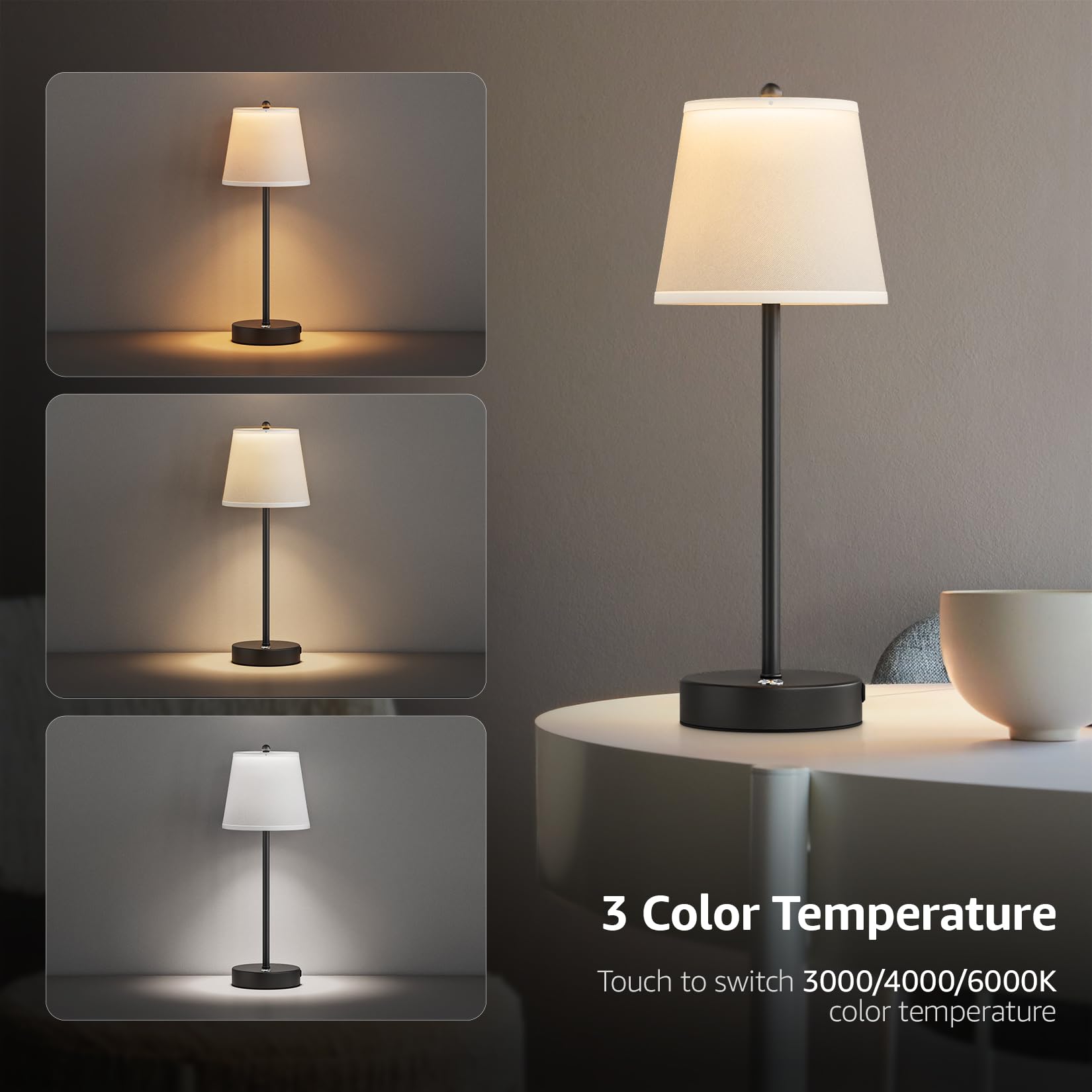 Lundwa Cordless Led Table Lamp, 6000Mah Battery Operated Table Lamp, Fabric Shade Rechargeable Desk Lamp, Dimmable Wireless Lamps For Patio/Restaurant/Bedroom/Home(Black)