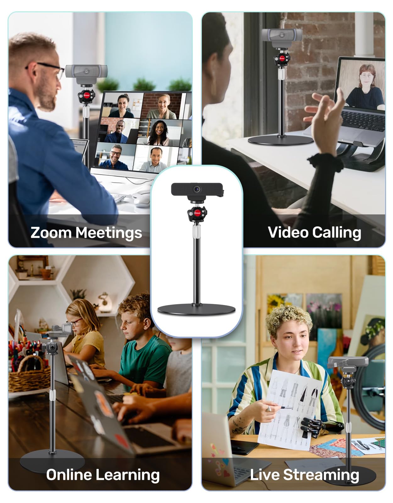 Etour Webcam Stand For Desk, With 360 Ballhead, Heavy Base Height Adjustable Tripod For Logitech Webcam C922 C930E C920 C615 C960 C920X Brio 4K Nexigo N60, Phone Mount, Gopro With 1/4" Thread