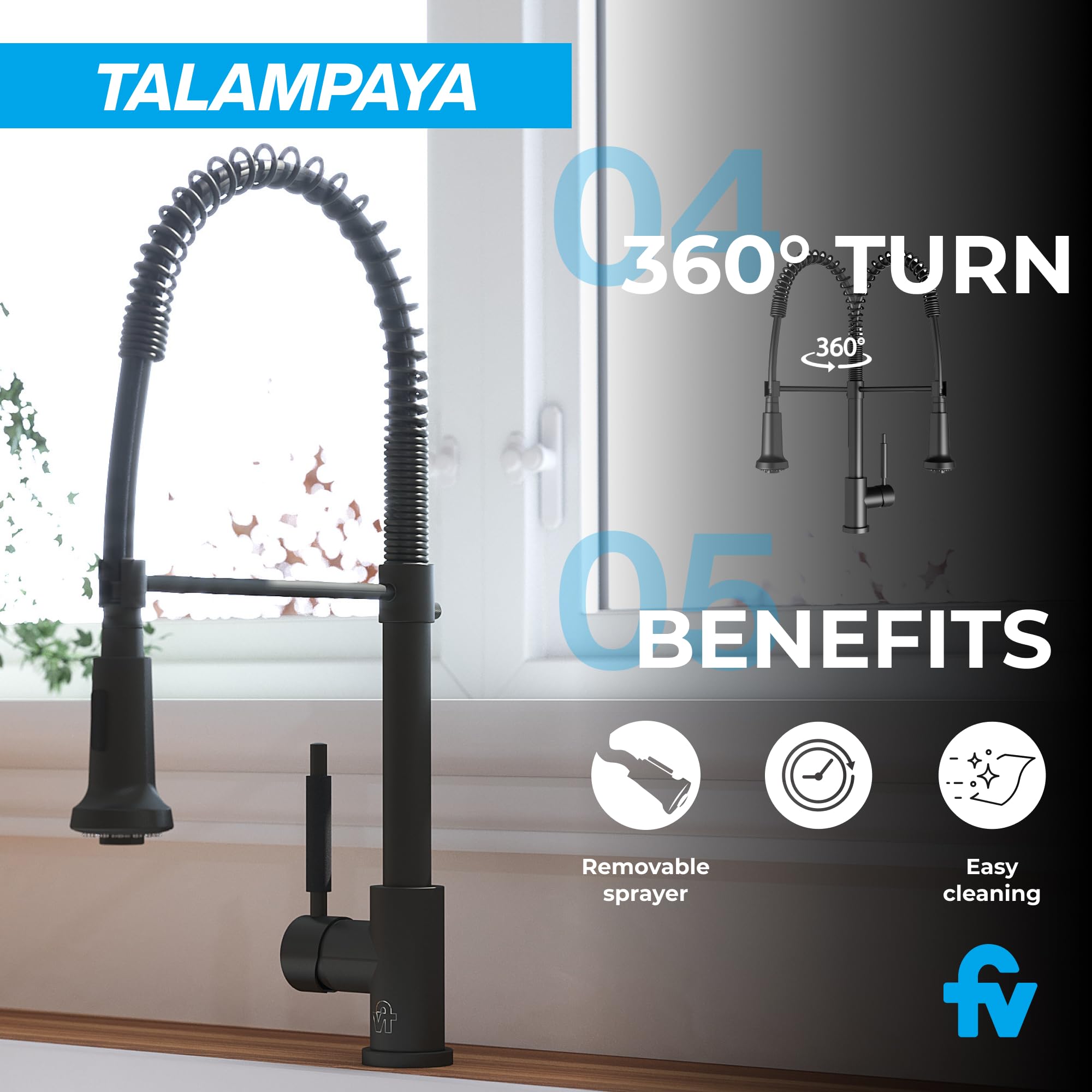Fv Talampaya - Modern Kitchen Faucet - Chrome Kitchen Faucet - Kitchen Faucet With Sprayer - Faucet For Kitchen Sink - Kitchen Faucets With Pull Down Sprayer - Single-Bowl Faucet - (Chrome)