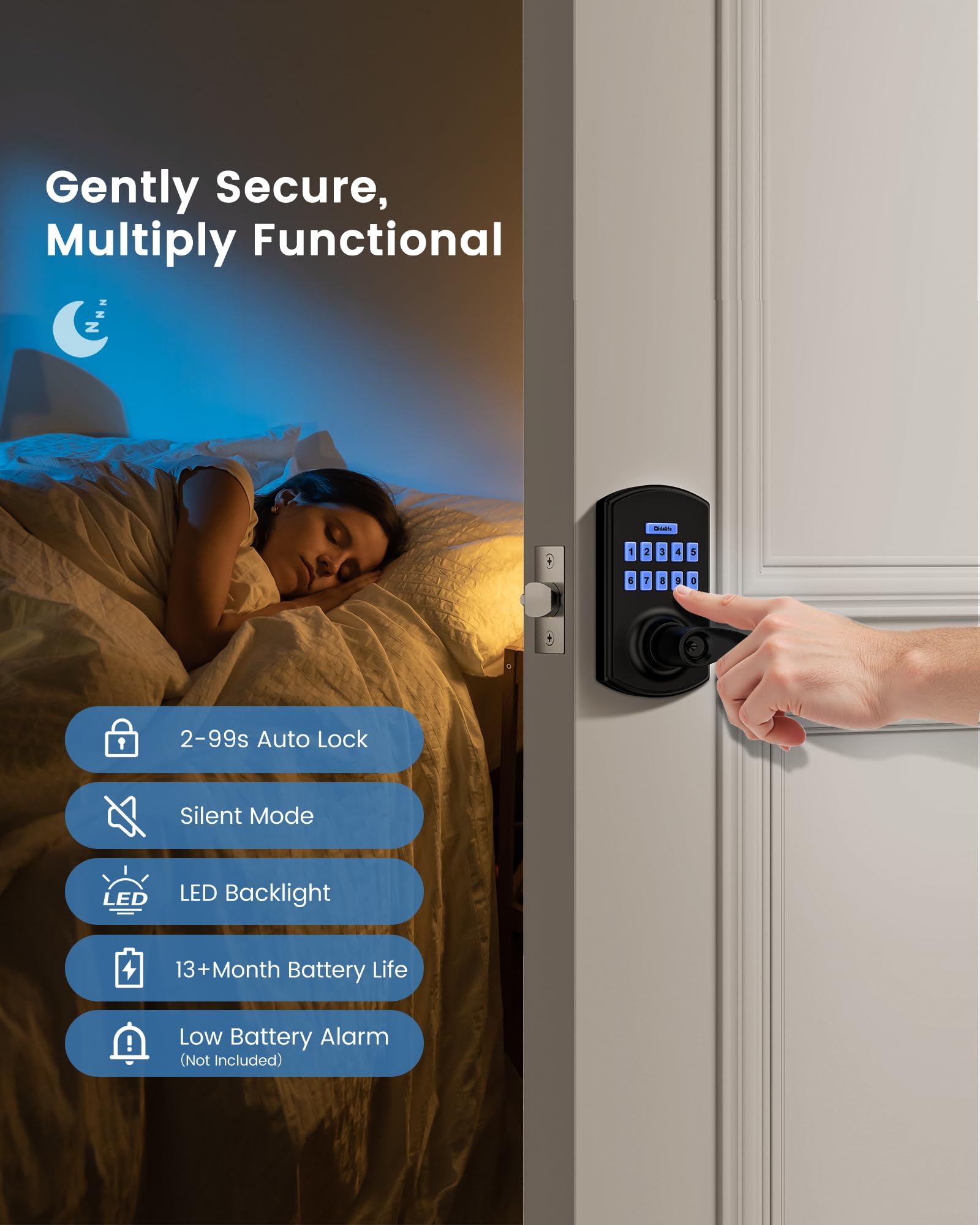 Hidalife Keypad Door Lock With Handle, Keyless Entry For Front Door, Manual Passage Mode, Matte Black
