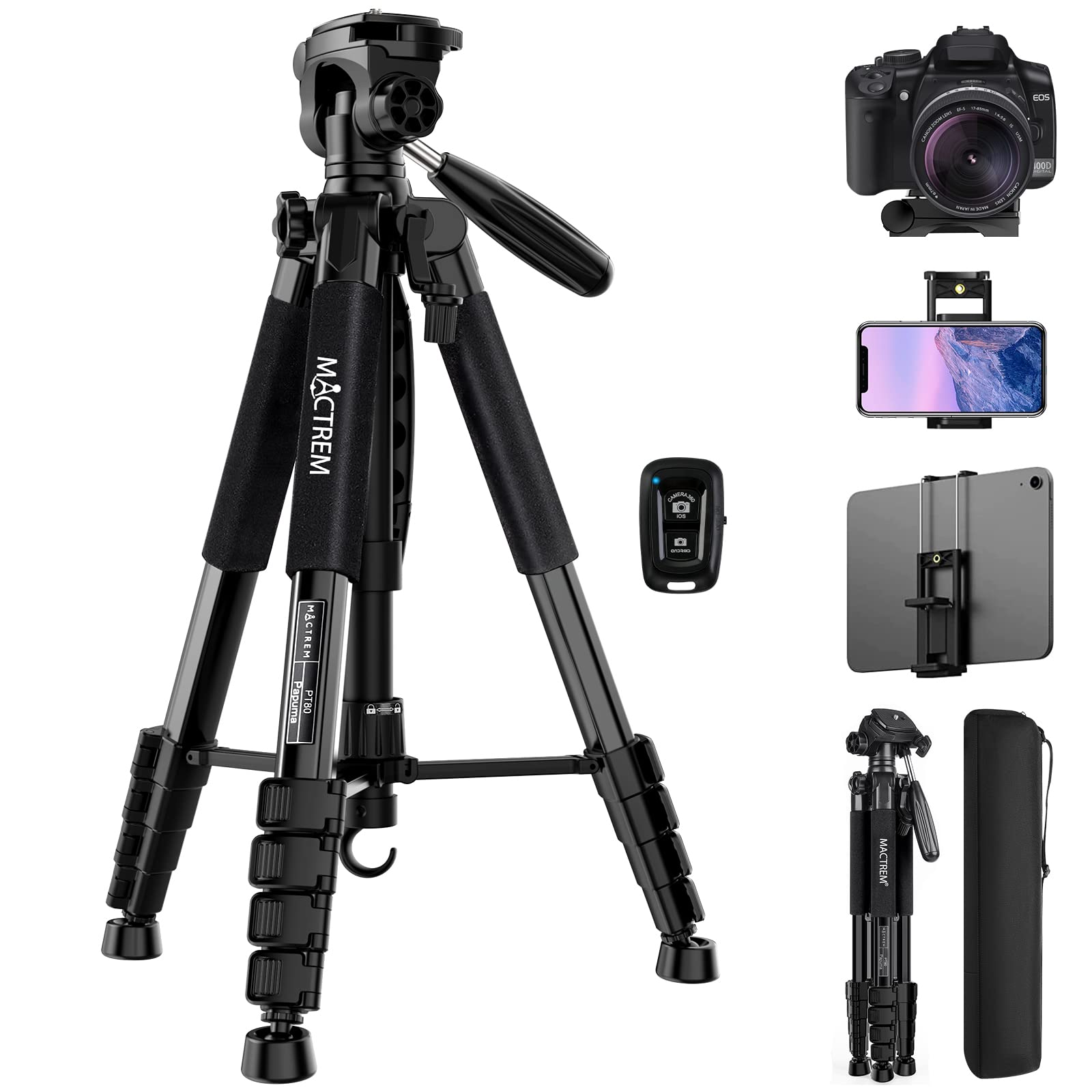Mactrem 75 Inch Camera Tripod For Sony Canon Nikon, Lightweight Travel Video Aluminum Tripod Stand With Cell Phone Mount For Ipad Phone