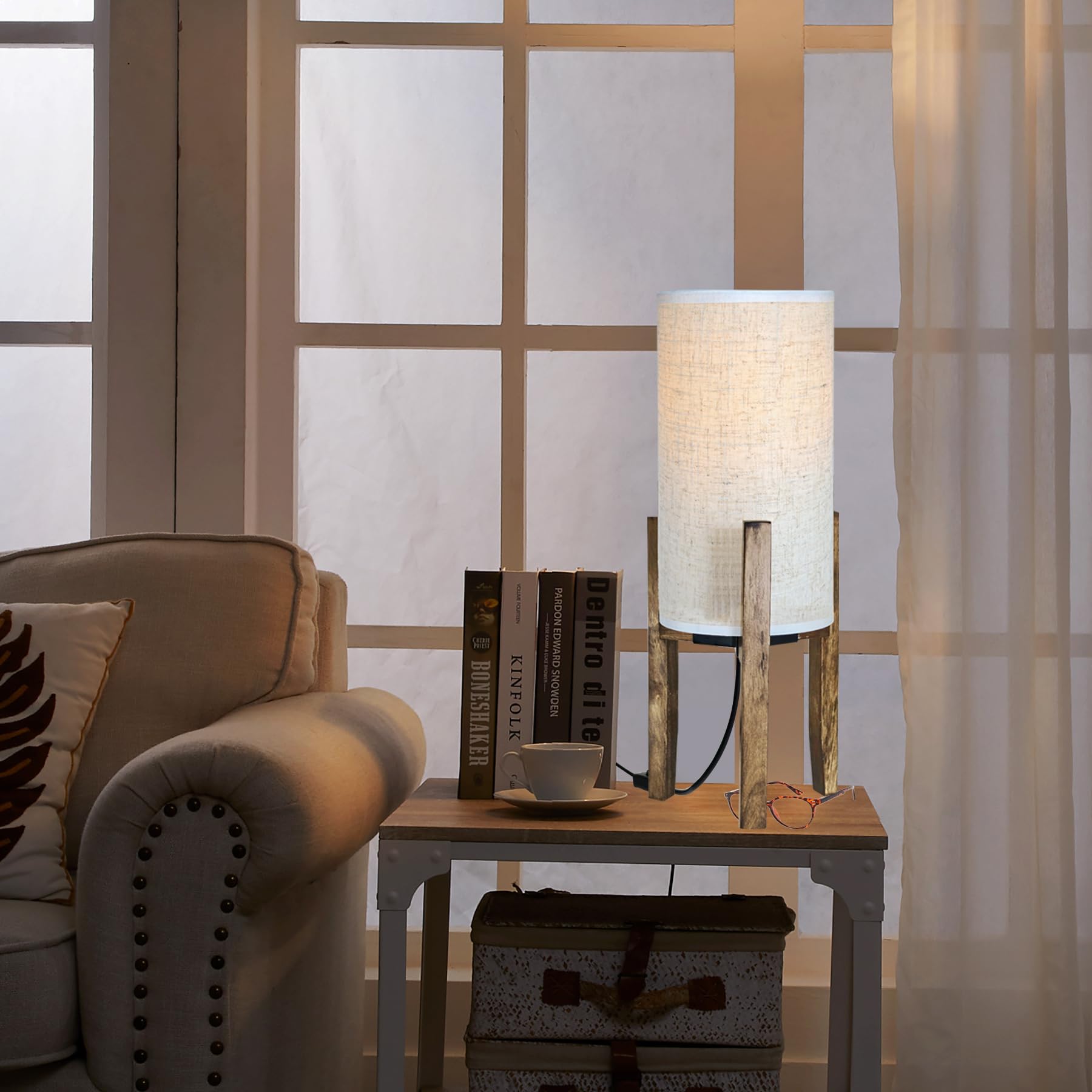 Flashell Bedside Table Lamp For Bedroom, Nightstand Wood Accent Lamp With Cream Linen Shade, Modern Cute Boho Side Desk Light 17.5" H For Living Room,Nursery