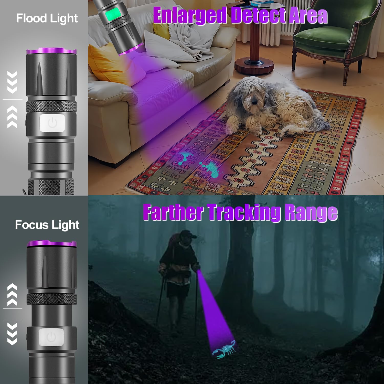 Annteneo Black Light Flashlight, 2Pack Uv Flashlights Usb-C Rechargeable 8Hours Long-Lasting Pure Ultraviolet Light, Fluorescent Detector For Dog,Pet Urine Stains,Flowers Glows,Uv Paint Glows,Hornworm