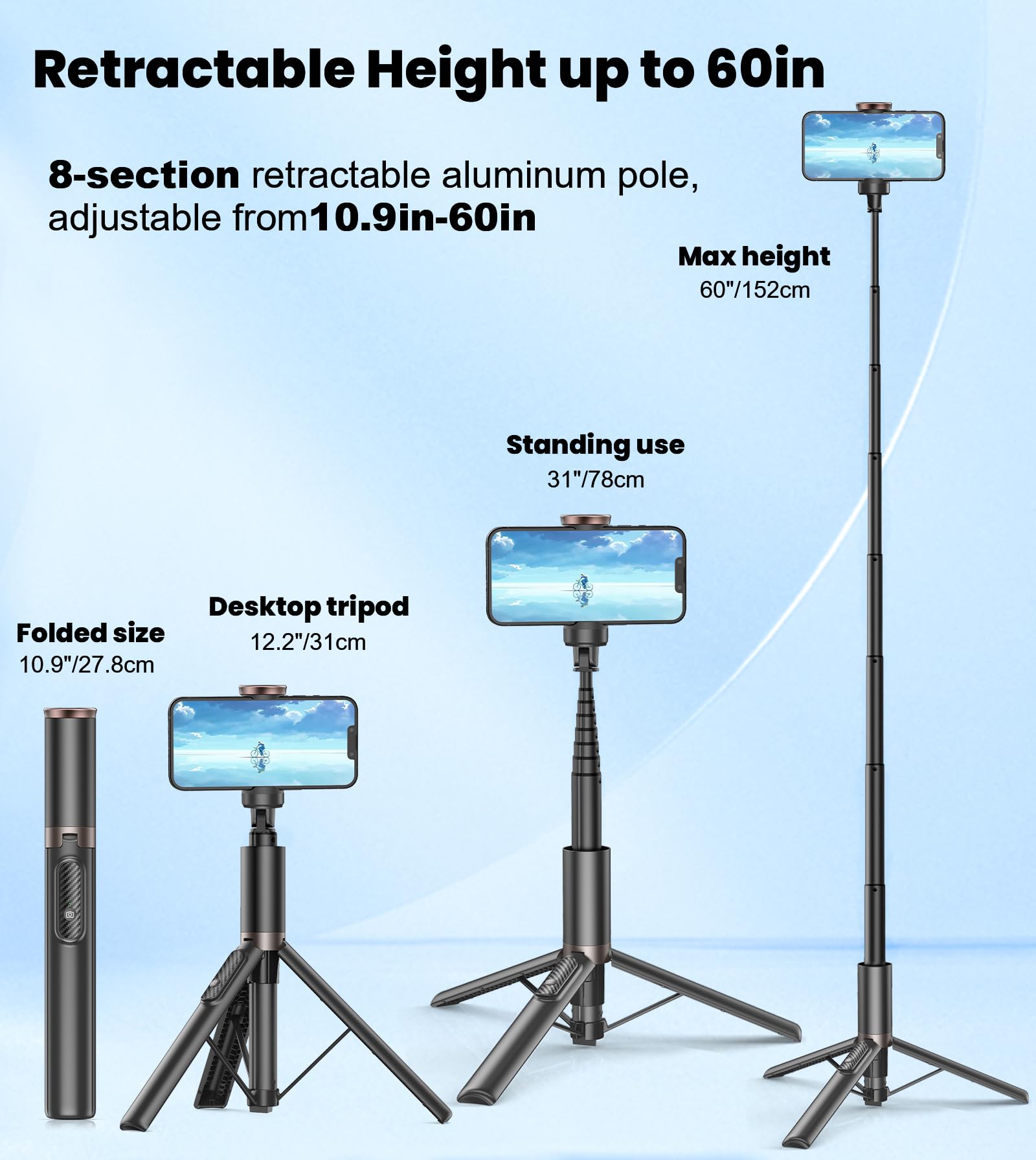 Toneof 60" Selfie Stick Tripod For Video,All-In-1 Extendable Cell Phone Tripod Stand With Integrated Remote,360° Rotate Lightweight & Portable Tripod For 4-7” Iphone/Android/Photo & Video Kits/Travel