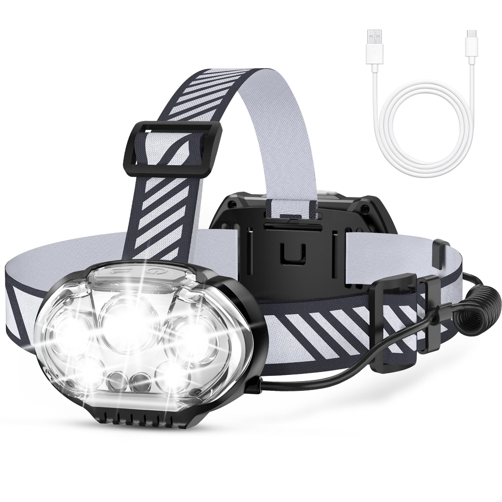 Mioisy Rechargeable Headlamp, 20000 High Lumen Bright 5 Led Head Lamp With Red White Light, Ipx4 Waterproof Headlight,8 Mode Head Flashlight For Outdoor Running Hunting Fishing Hiking Camping Gear