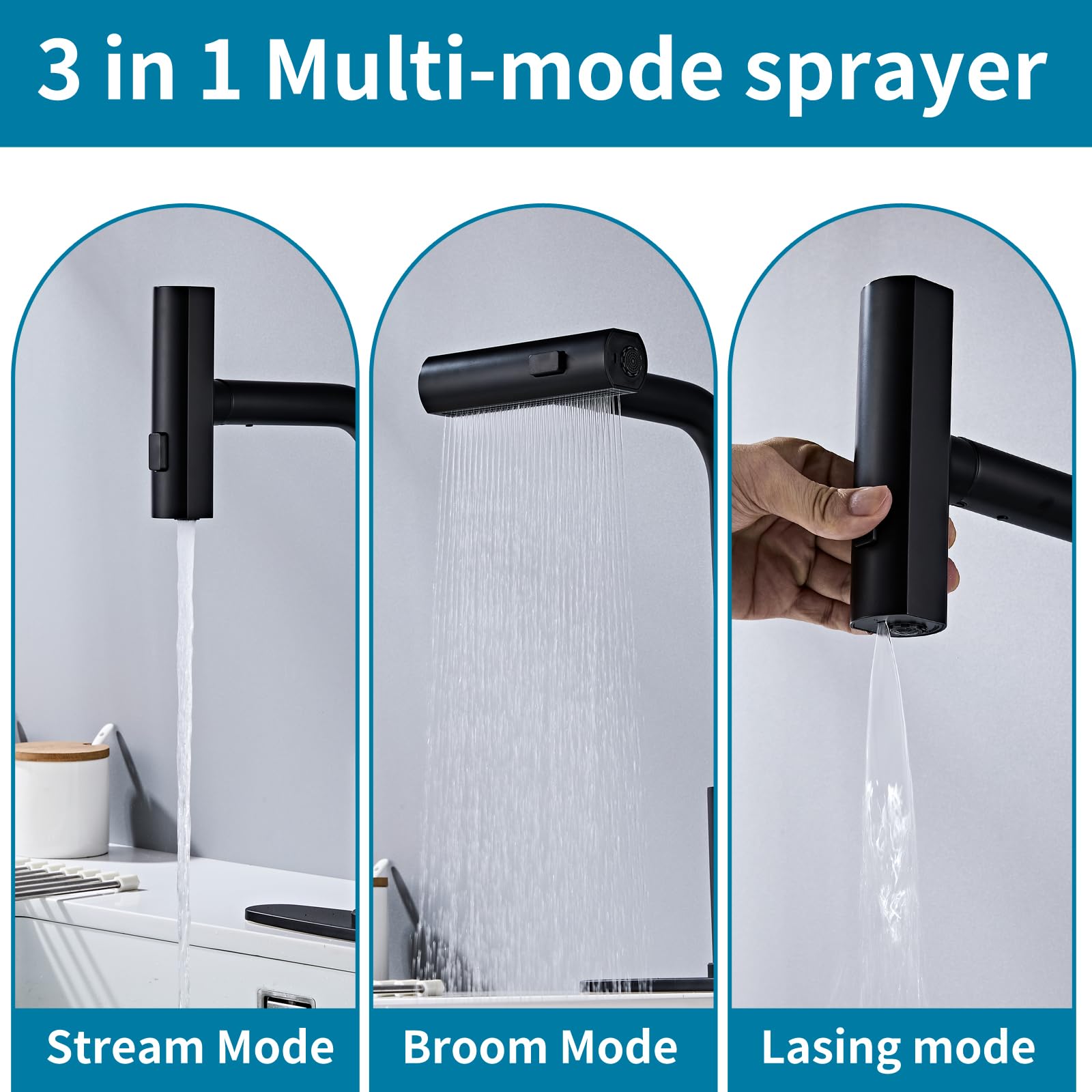 Louevido Multi-Mode Kitchen Faucet With Pull Down Sprayer, 3 Functions, Stainless Steel, Black