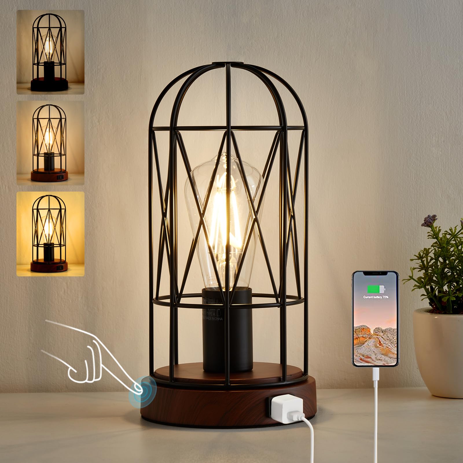Gyrovu Industrial Table Lamp, Small Touch Control Edison Desk Lamp 3 Way Dimmable Vintage Bedside Lamp With Ac Outlet Metal Cage Steampunk Nightstand Lamp For Living Room, Bedroom Or Den