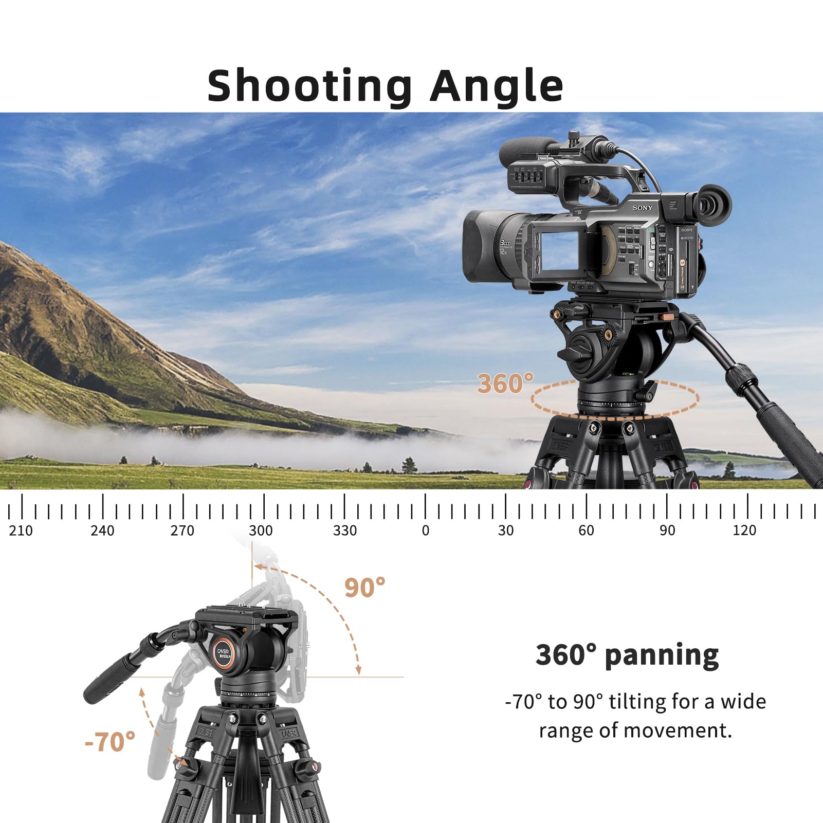 Cayer Bv25Lh Video Tripod System, 74 Inch Carbon Fiber Professional Heavy Duty Camera Tripod Kit, Twin Tube Tripod Leg With Fluid Drag Head, 2 Pan Bar Handles, Max Loading 17.6Lb