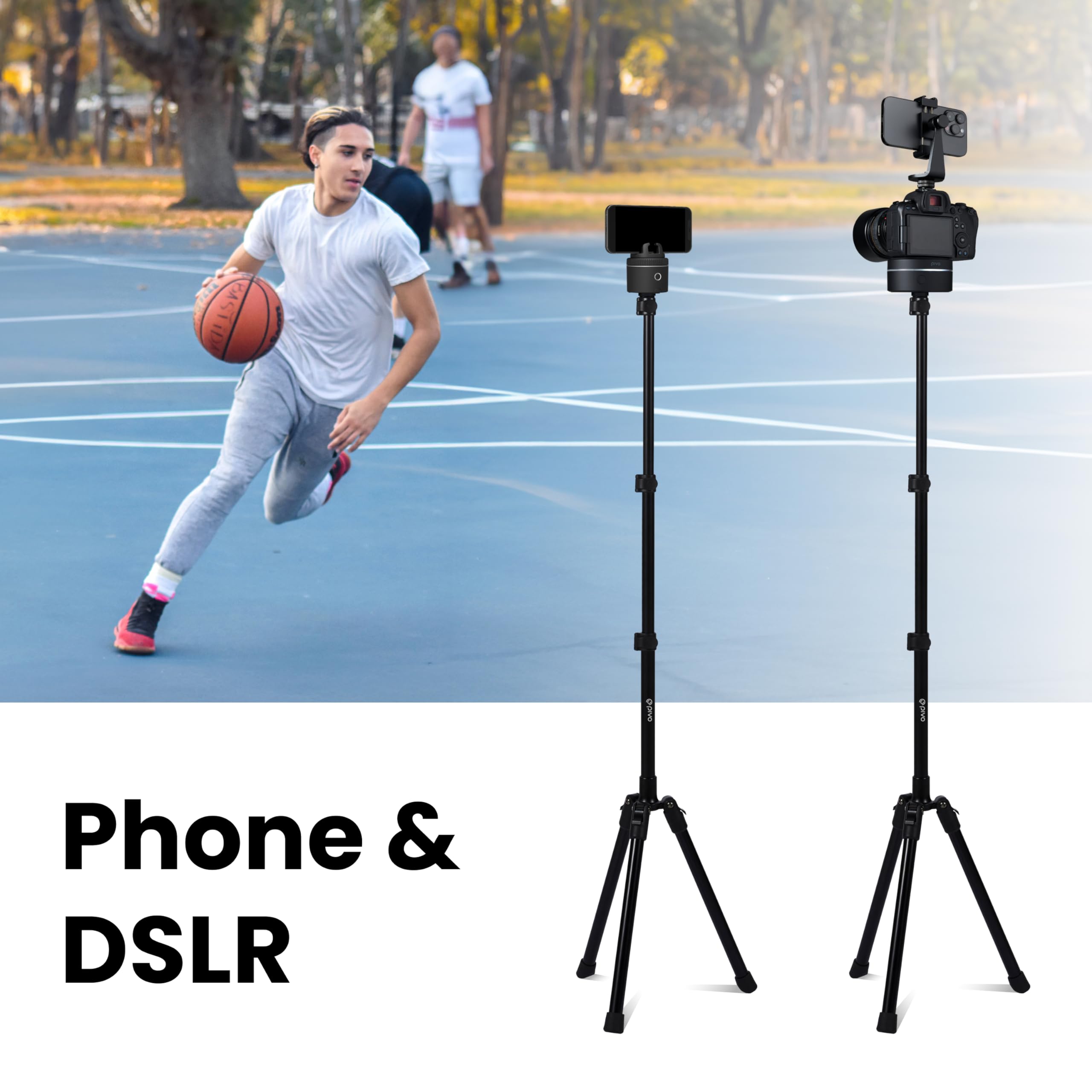 Pivo 63" Extendable Cell Phone & Camera Tripod With Sturdy, Lightweight, Portable, Foldable Stand For Video Recording With Universal 1/4"" Thread For Dslr, Smartphone, Action Camera & Pods