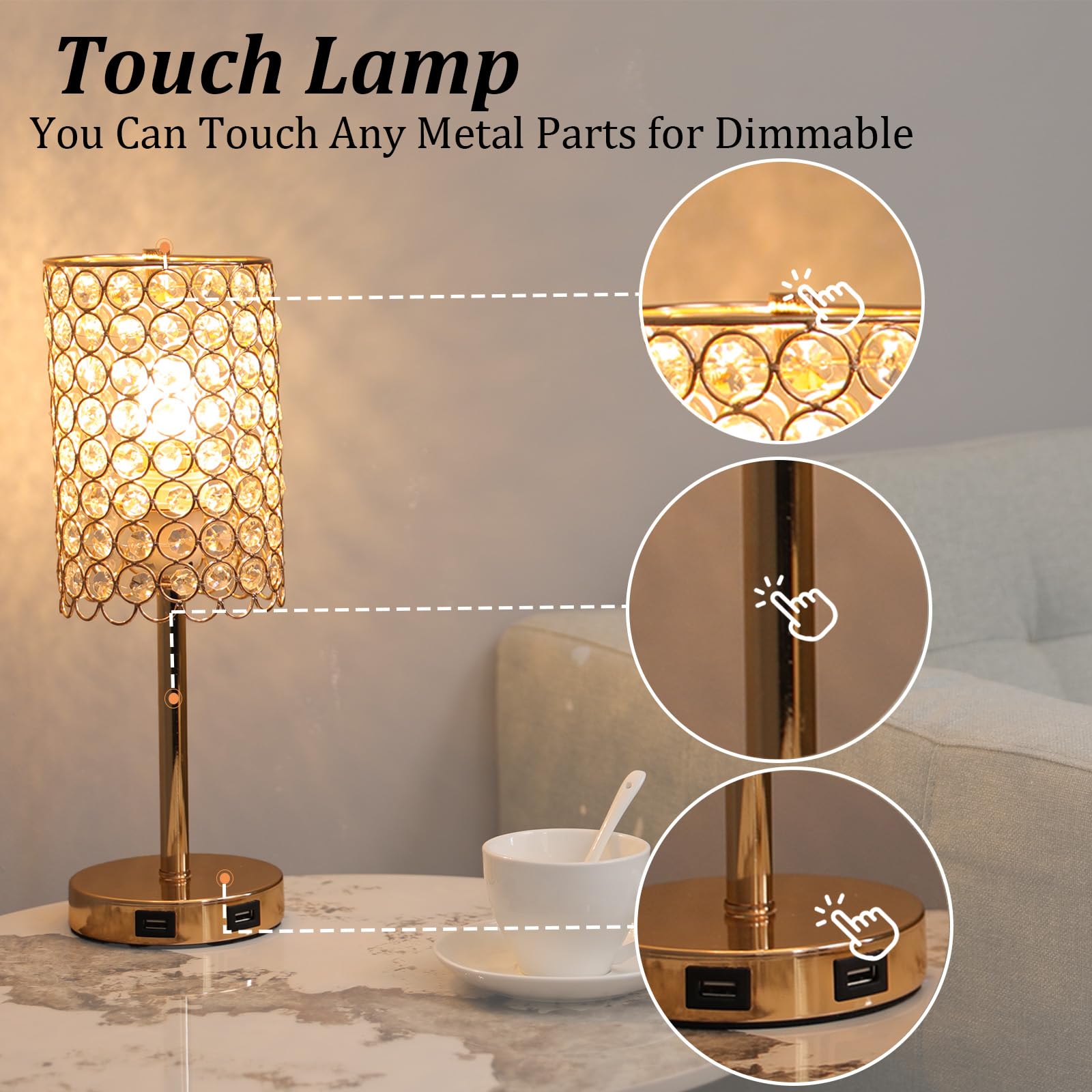 Krasty Crystal Gold Table Lamp,Touch Control Lamp With Two Usb Ports, 3-Way Dimmable Nightstand Lamp With Crystal Lampshade,Bedside Lamp For Bedroom Living Room Kid Room(Bulb Not Included)