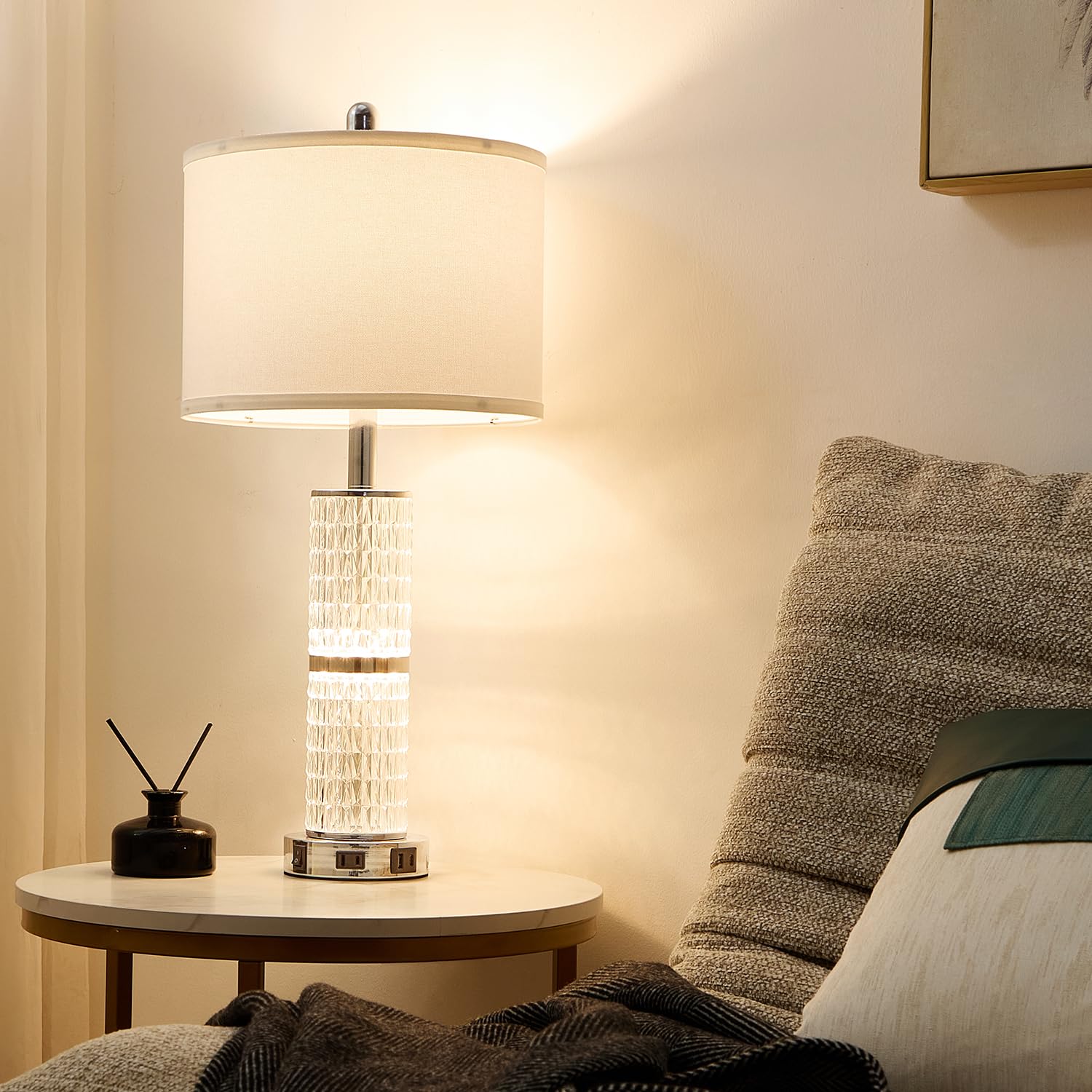Saiweya Crystal Table Lamps Modern 3-Way Dimmable Bedside Lamp With 2 Usb Ports & Ac Outlets For Living Room Bedroom Nightstand Lamp Night Light (Silver-2 Pack)