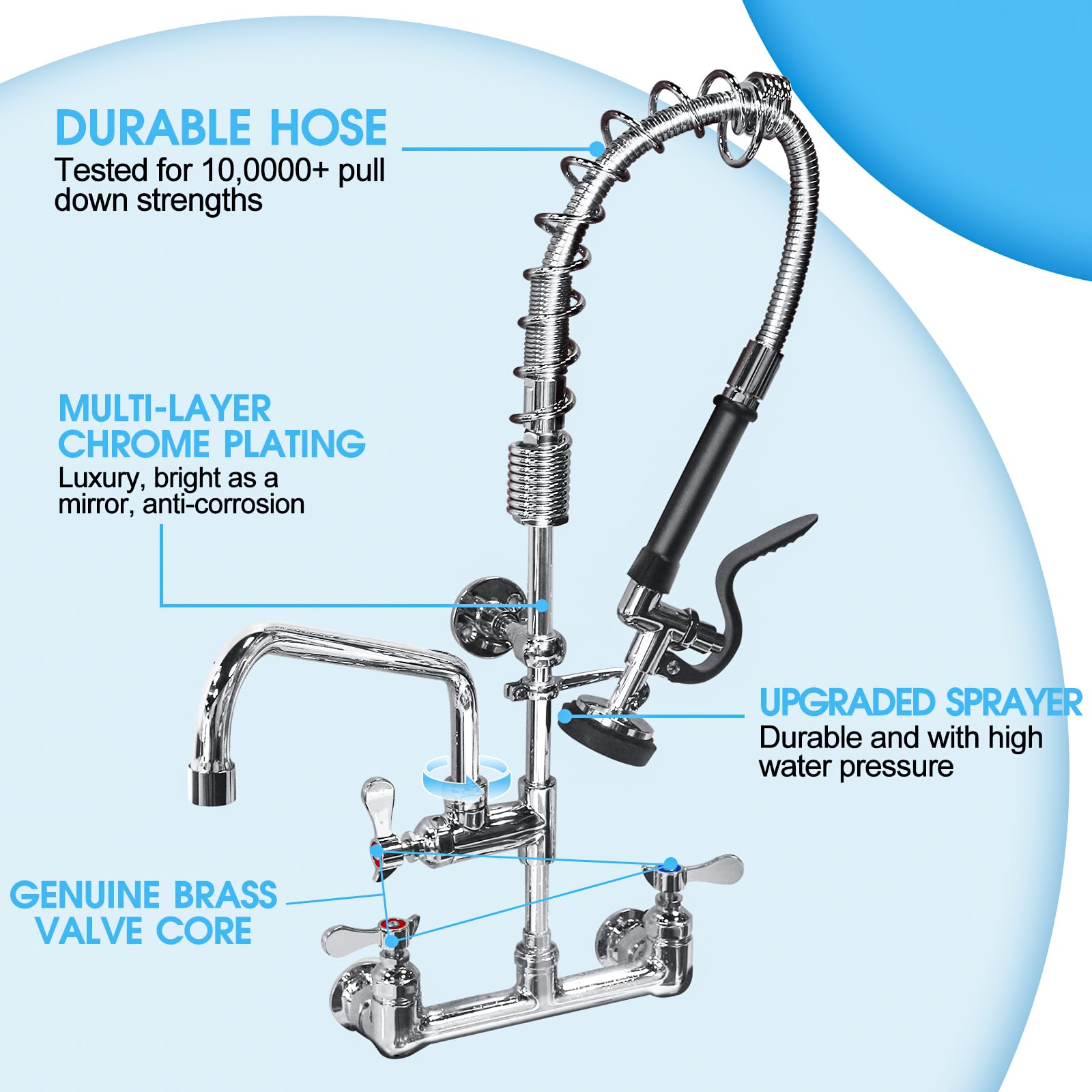 Netisr Commercial Faucet With Sprayer, Brass Chrome Wall Mount Restaurant Kitchen Sink Faucet 25" Height 8" Center With Coilded Spring Pull Down Pre Rinse Sprayer, 12" Spout And 18" Hose (25 Inches)