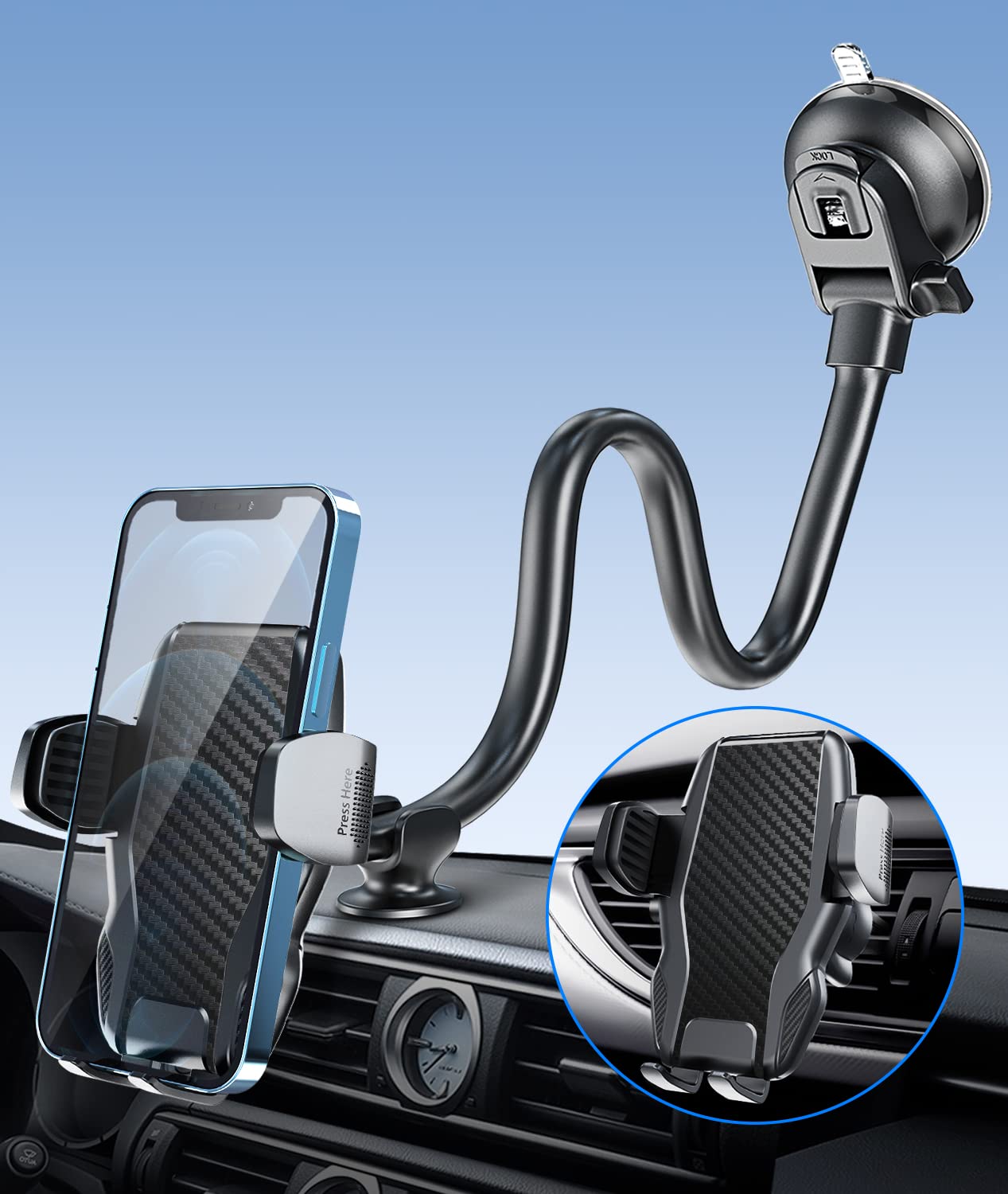 Apps2Car Car Phone Holder Mount Gooseneck Dashboard Windshield Suction Cup Phone Mount Anti-Shake Stabilizer Phone Car Cradle Compatible With All Cellphones & Thick Phone Case-H3S Carbon Fiber Style
