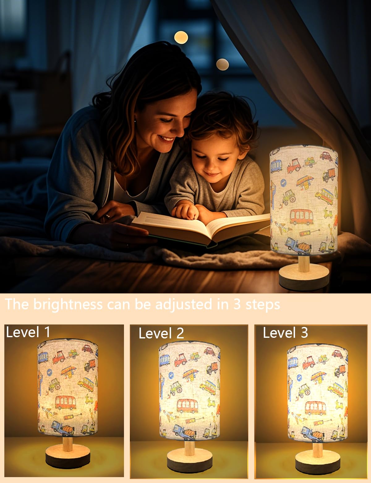 Gftdns Kids Lamps For Bedrooms Boys,Car Lamp,3 Level Dimmable Wood Nightstand Desk Base Flaxen Fabric Shade For Bedroom Living Room,Car For Boys