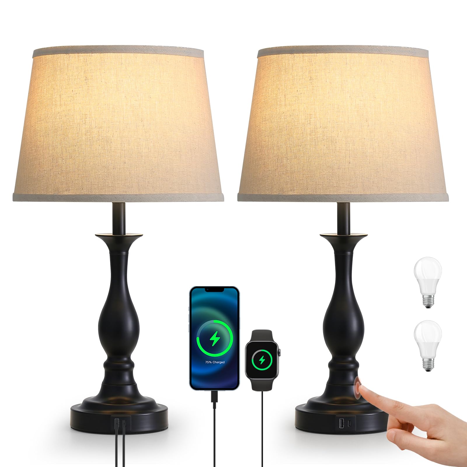 Lauag Bedside Table Lamp Touch Control Bedroom Lamps With Usb-C Usb-A Charging Port 3 Way Dimmable Touch Lamps For Nightstand Living Room Bedroom Dorm Home Office Reading, Set Of 2