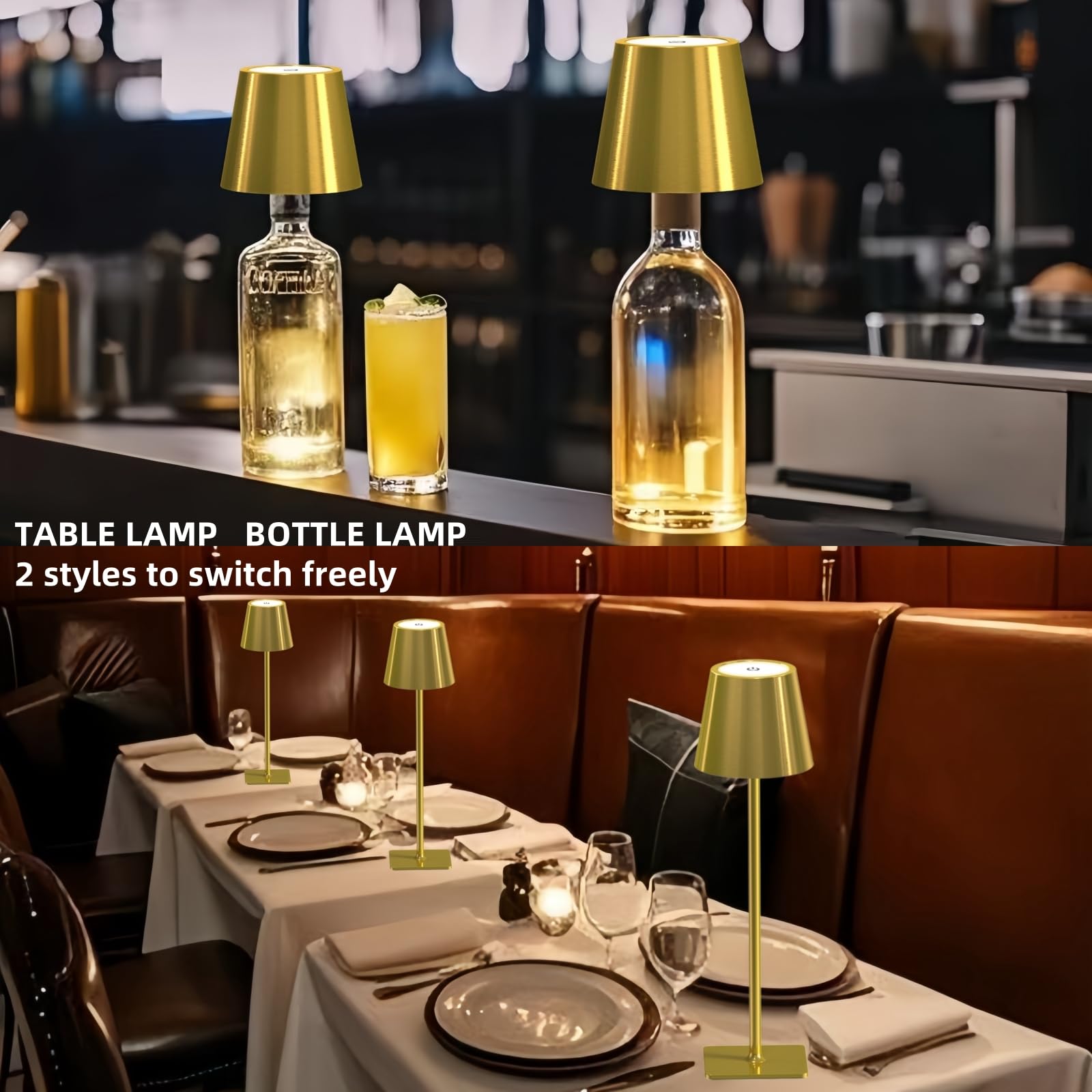 Madckdedrt 2 Pack Cordless Table Lamp Rechargeable,Wireless Led Bottle Light,5200Mah Battery Operated,Portable,Touch Dimming,For Restaurant/Bedroom/Outdoor/Terrace/Night Light (Gold)