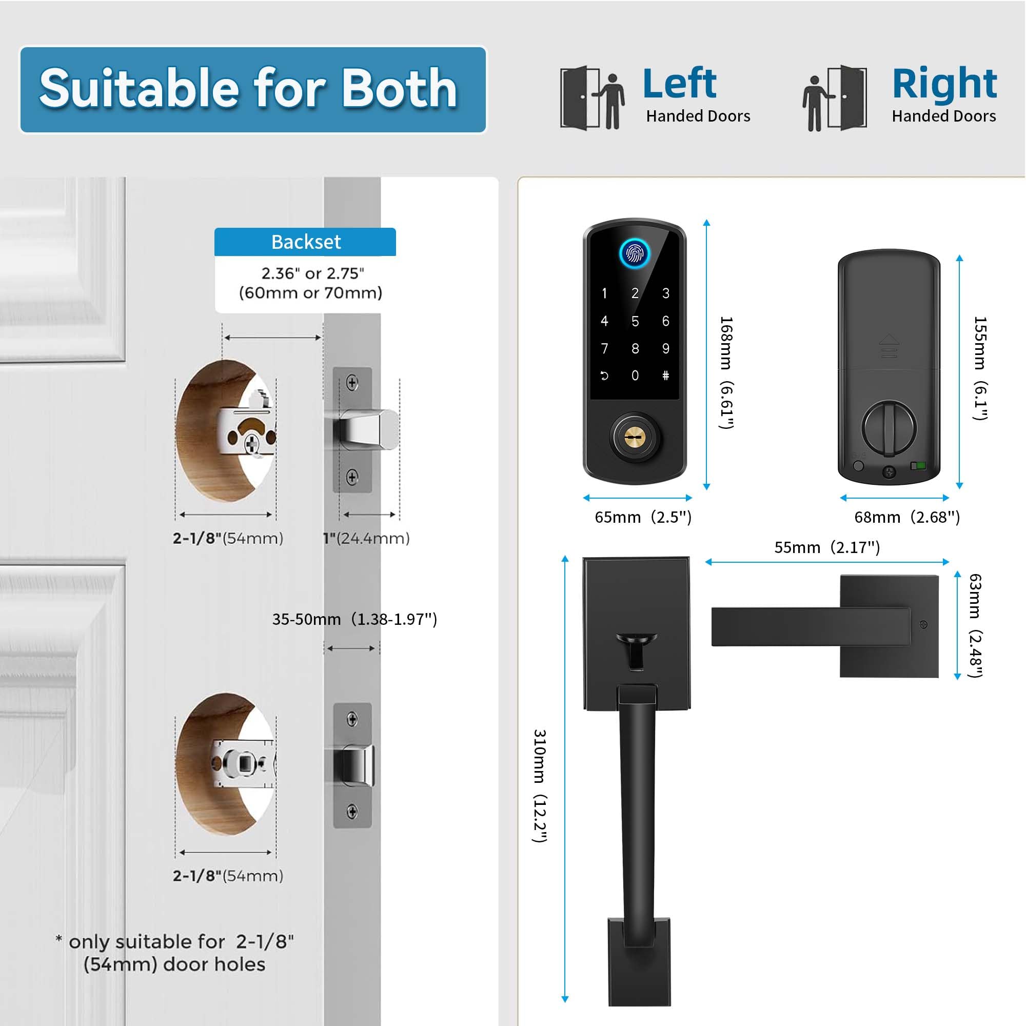 Bebasia Keyless Entry Door Deadbolt With Handle Set, Fingerprint App Smart Door Lock, Digital Keypad Bluetooth Deadbolt Lockset With Auto Lock Code Fob Black