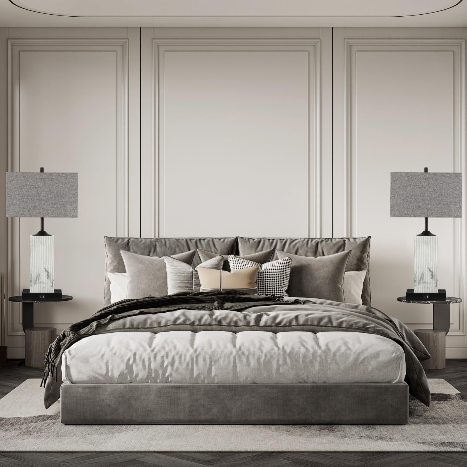 Vuaa Table Lamps For Living Room Set Of 2, Modern Bedside Lamps With Dual Usb Ports For Bedroom Nightstand, Large End Table Lamps With Grey Fabric Shades Minimalist Decor Marble Finish