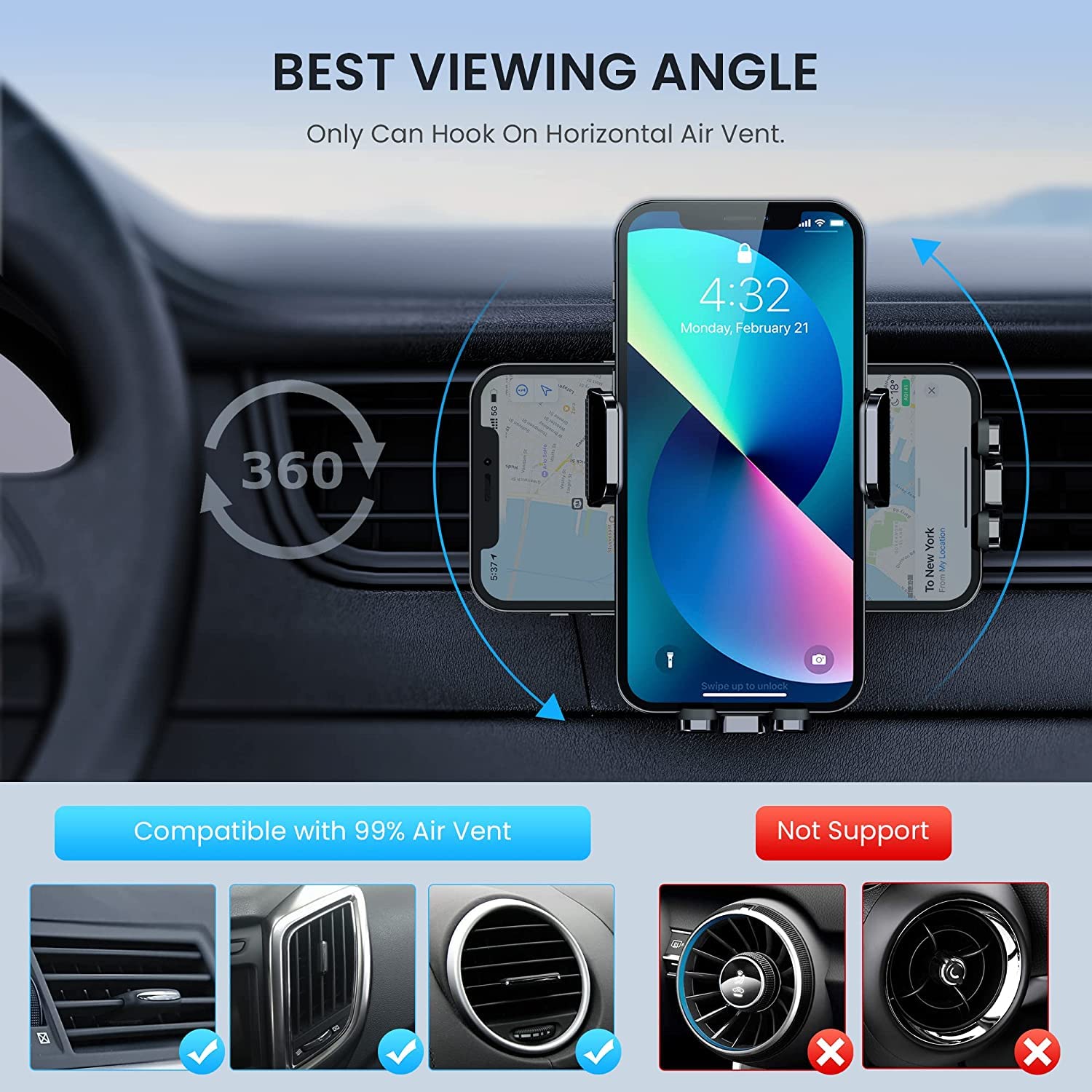 Cindro Car Vent Phone Mount For Car [Military-Grade Hook Clip] Phone Stand For Car [Thick Cases Friendly] Air Vent Clip Cell Phone Holder For Smartphone, Iphone, Automobile Cradles Universal