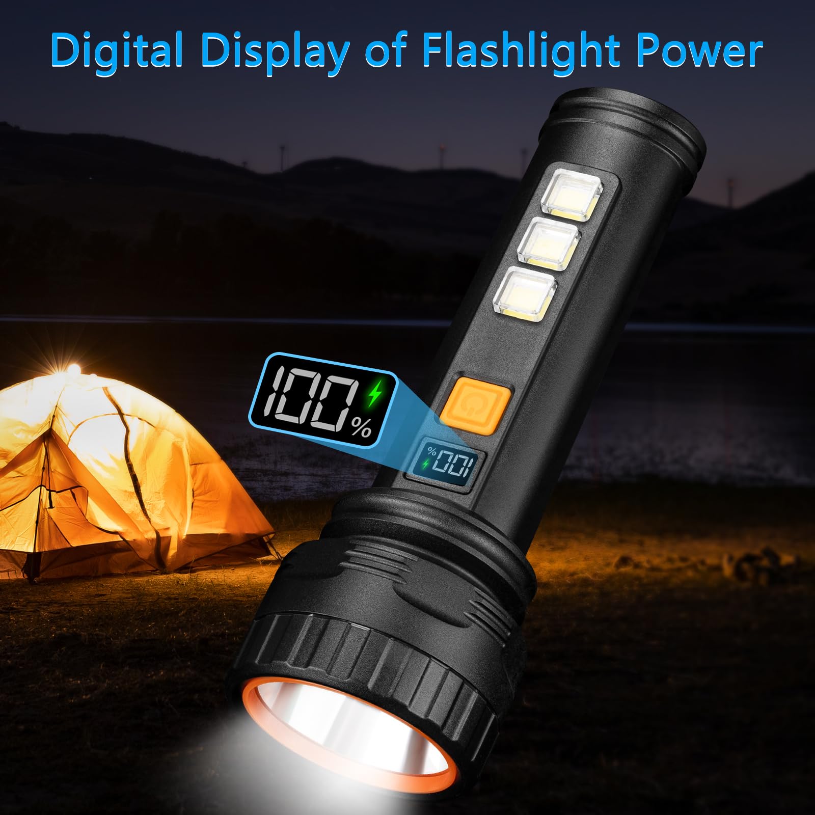Kernowo Solar Flashlights, 1500 Lumens Led Solar Powered Flashlights With Digital Display 2000Mah Battery Rechargeable Handheld Flashlights Ip65 Waterproof Flashlights For Survival Emergencies, 1 Pack